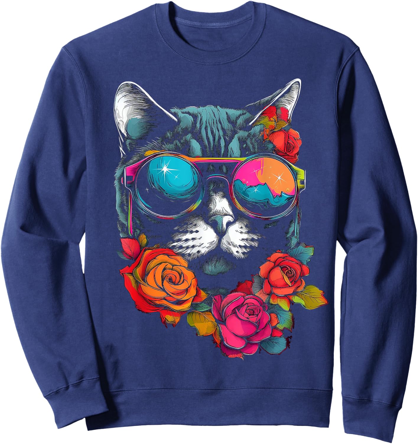 Cat Lover Artwork | Sunglasses Flower Animal Motif Cat Sweatshirt - Sweatshirt | Navy