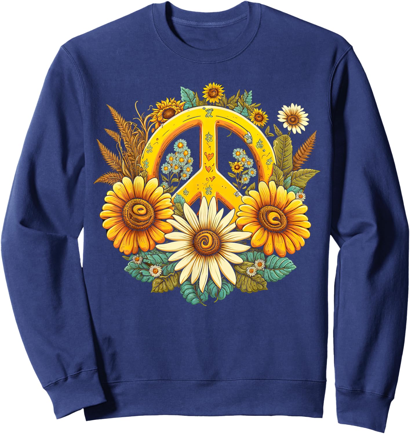 Hippie Daisy Peace Sign Retro Flowers Sunflower Groovy Vibes Sweatshirt - Sweatshirt | Navy