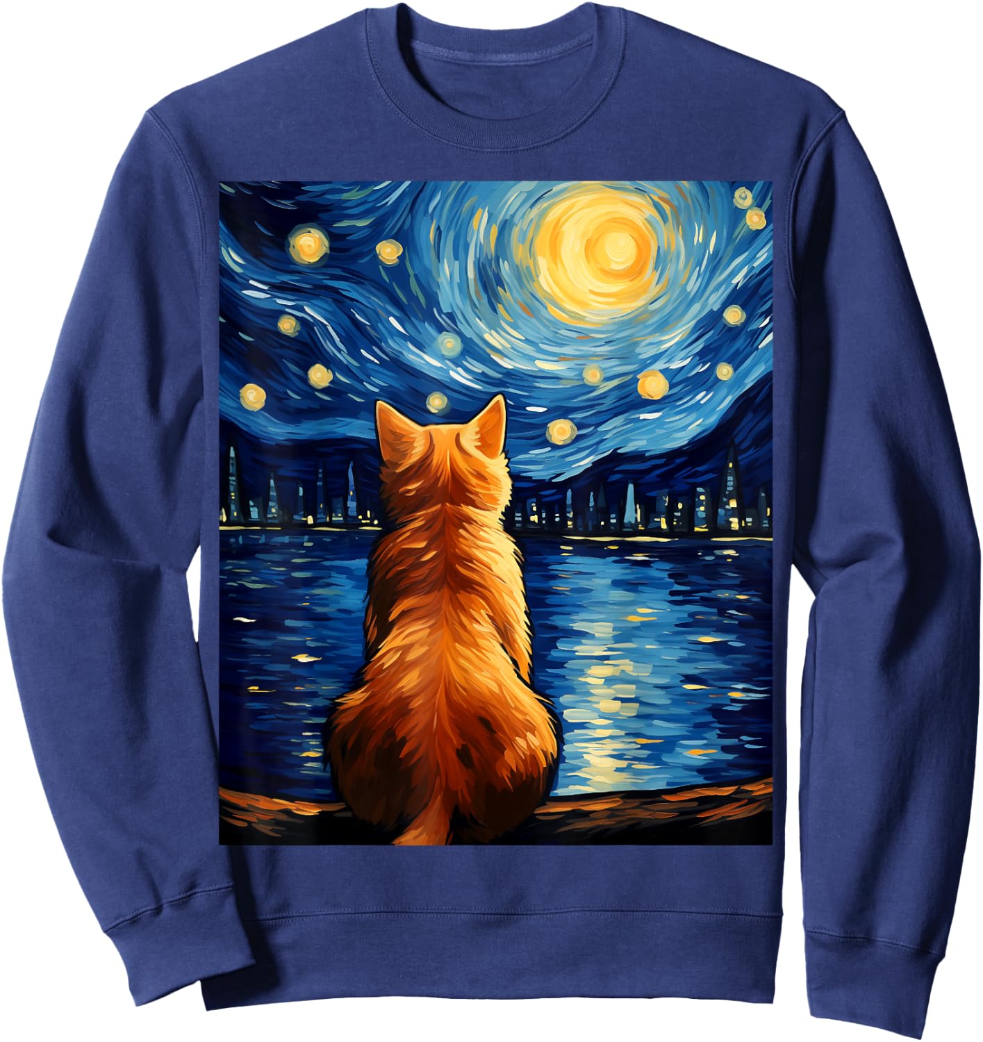 Vincent Van Gogh Starry Night Cat Funny Orange Cat Lover Women Girls Kids Sweatshirt - Sweatshirt | Navy