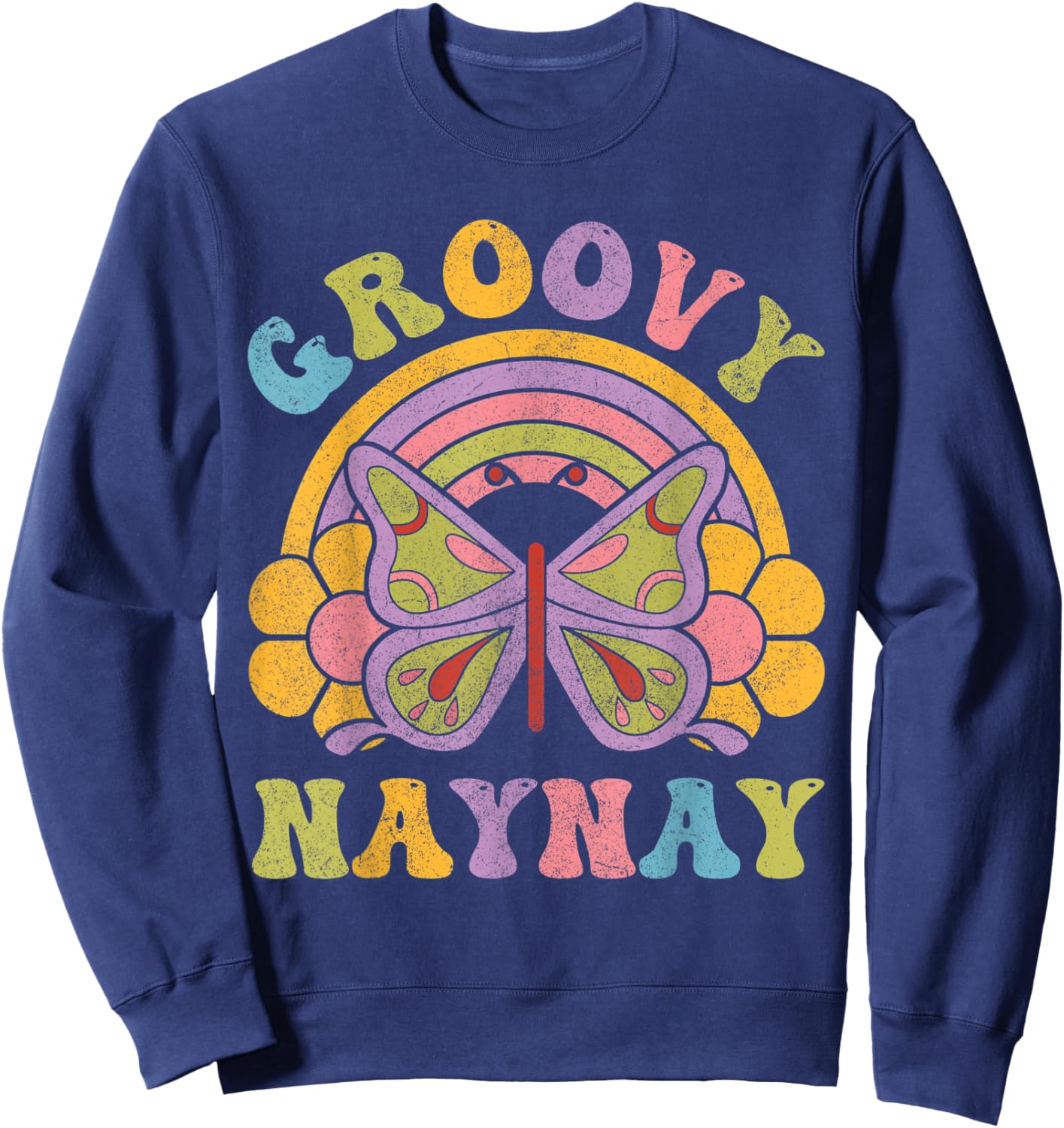 80s 70s Shirts , Grandma Groovy Naynay Butterfly Sweatshirt - Sweatshirt | Navy