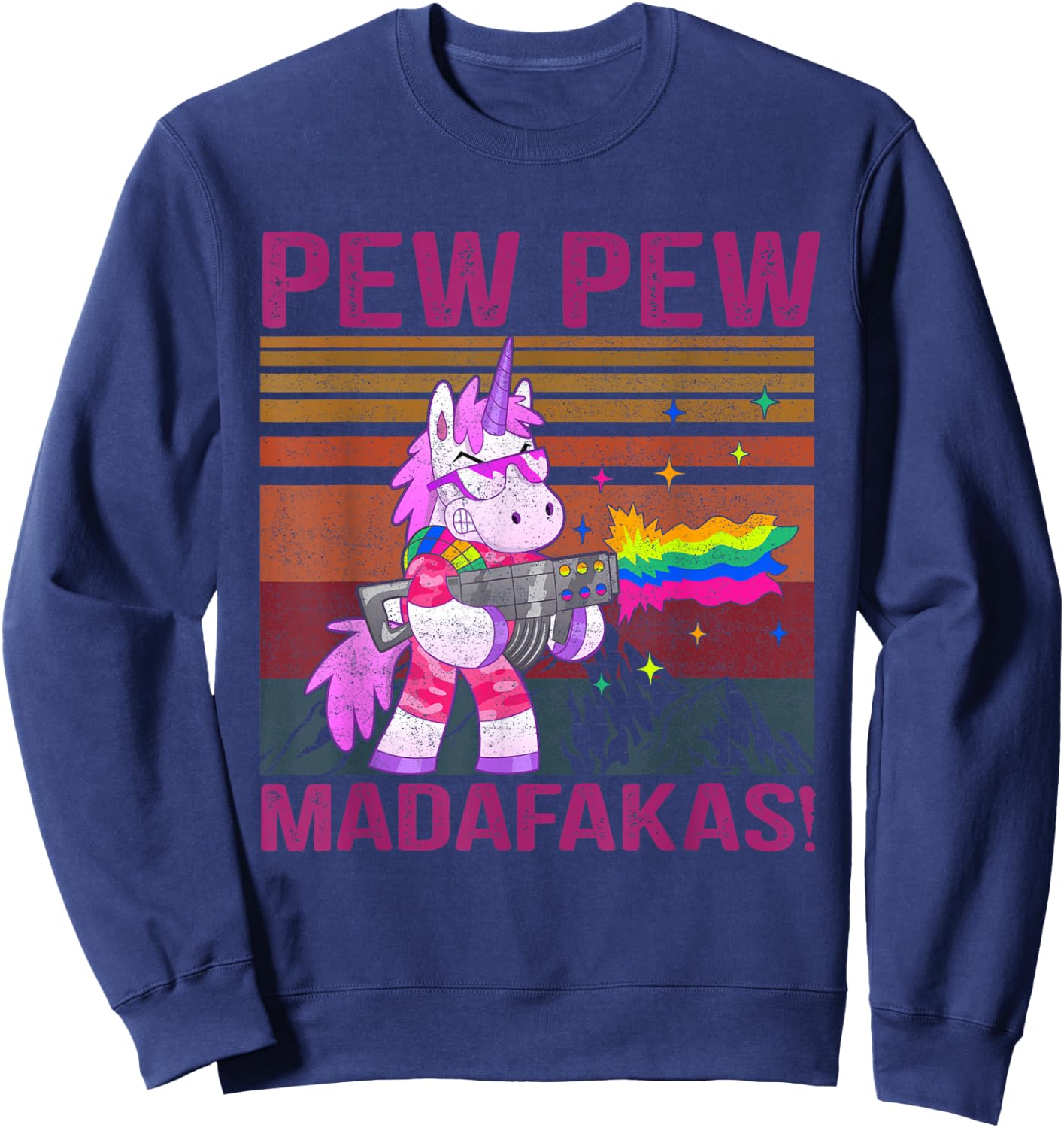 Unicorn Pew Pew Madafaka's Vintage Crazy Cat Funny Graphic Women Sweatshirt - Sweatshirt | Navy