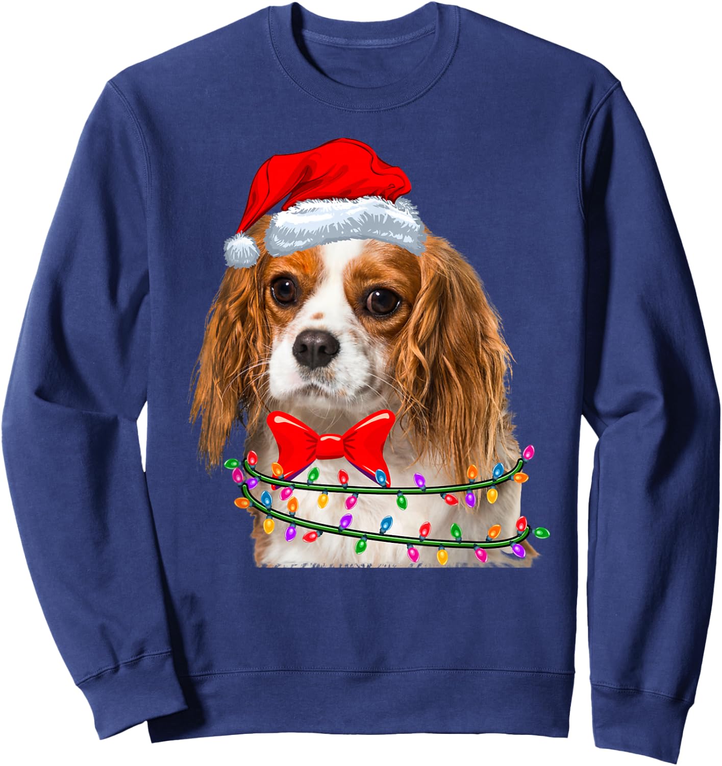 Christmas Lights Cavalier King Chales Spaniel Wearing Hat Sweatshirt - Sweatshirt | Navy
