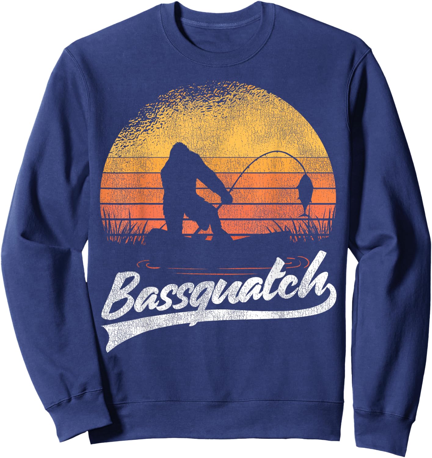 Bigfoot Fishing Retro Sunset Bigfoot Believer Bassquatch Sweatshirt - Sweatshirt | Navy