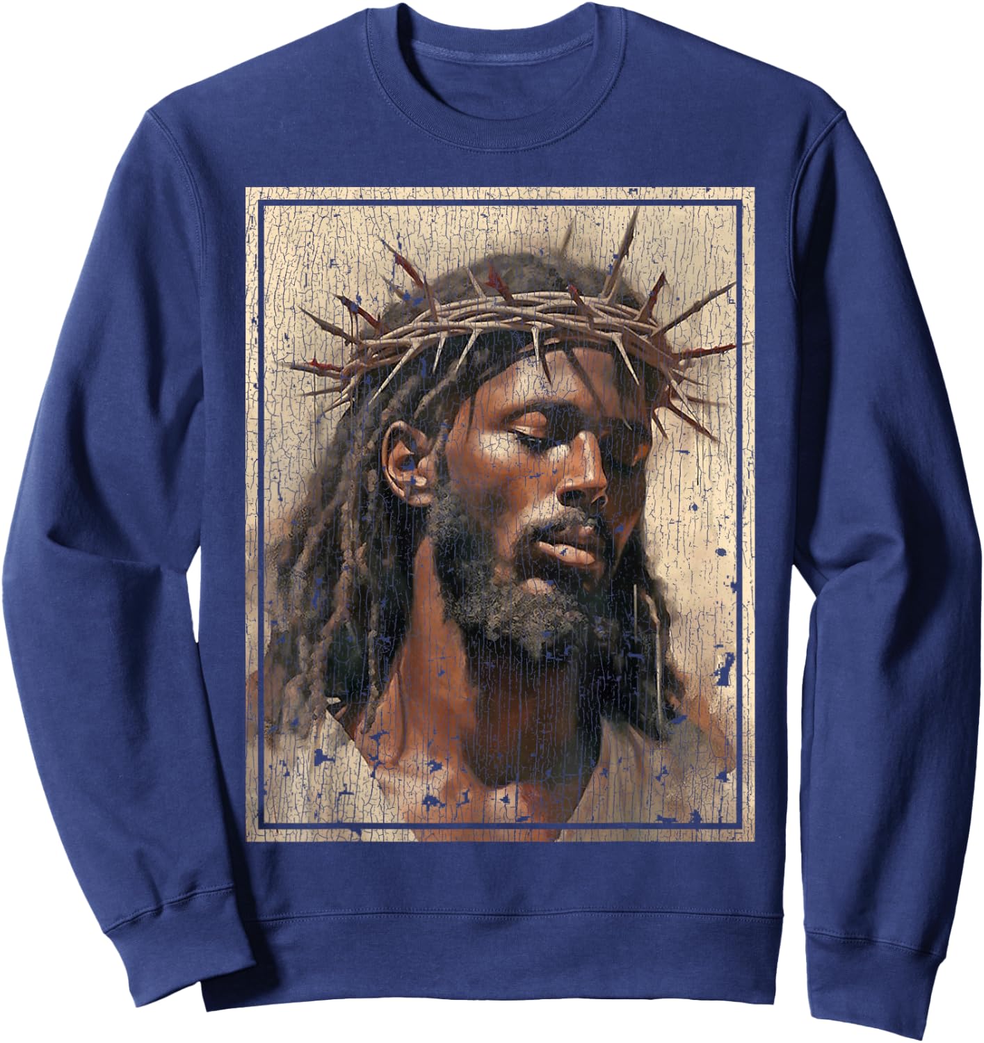 Black Jesus Shirt Face Of Jesus Cross With Crown Of Thorns Sweatshirt - Sweatshirt | Navy