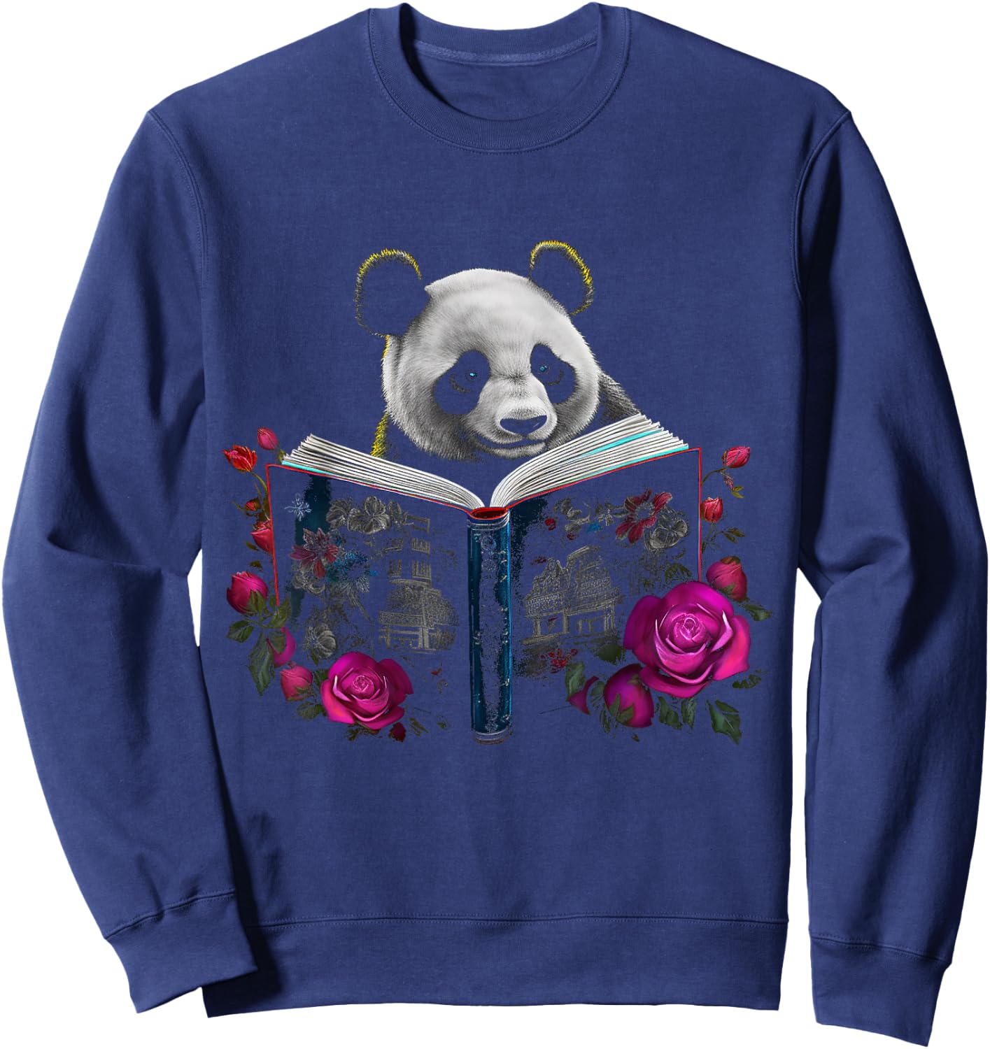 Panda reading a Book - Flowers | Animal Rose Motif Panda Sweatshirt - Sweatshirt | Navy