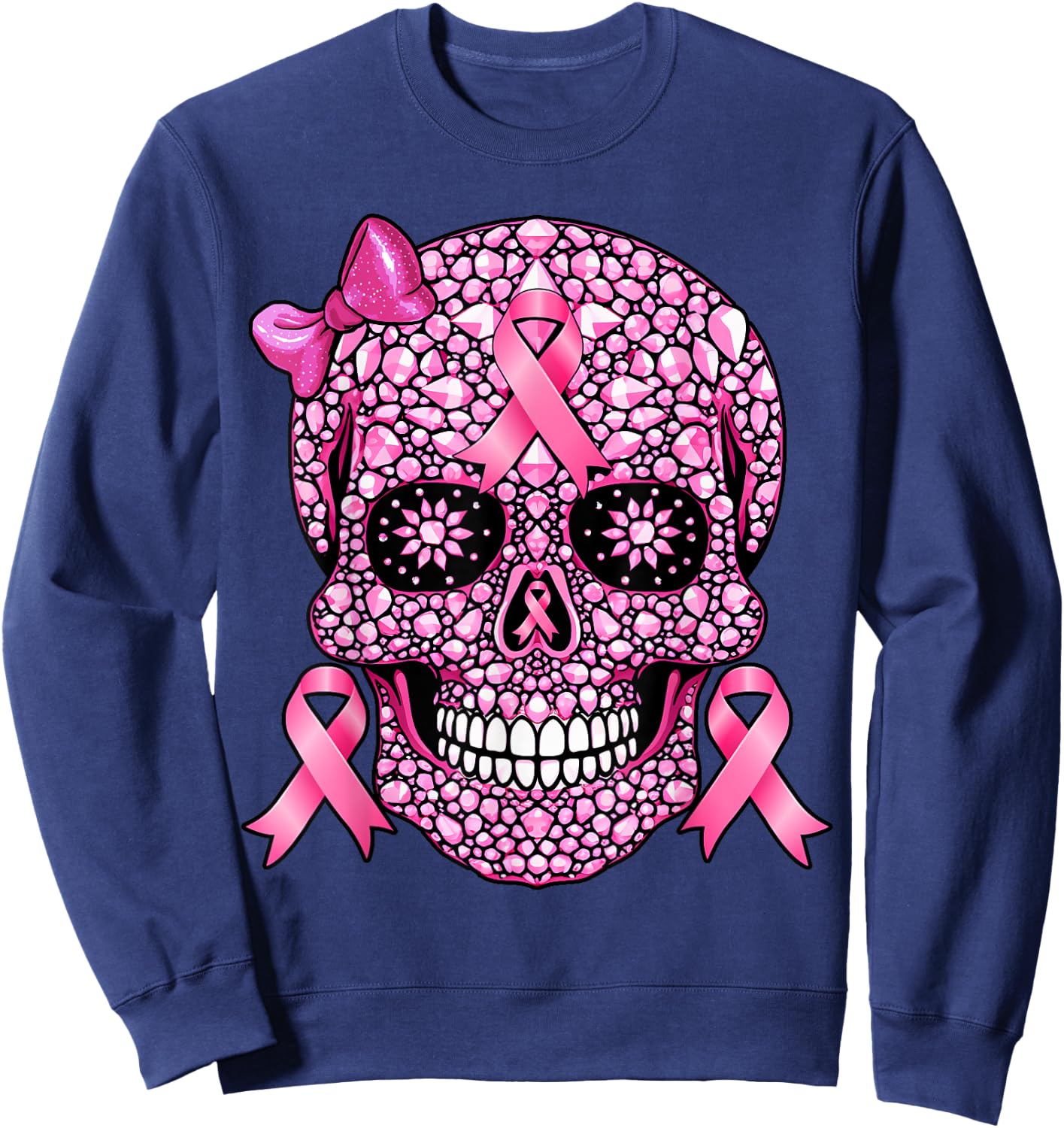 Sugar Skull Pink Ribbon Breast Cancer Awareness Girls Women Sweatshirt - Sweatshirt | Navy