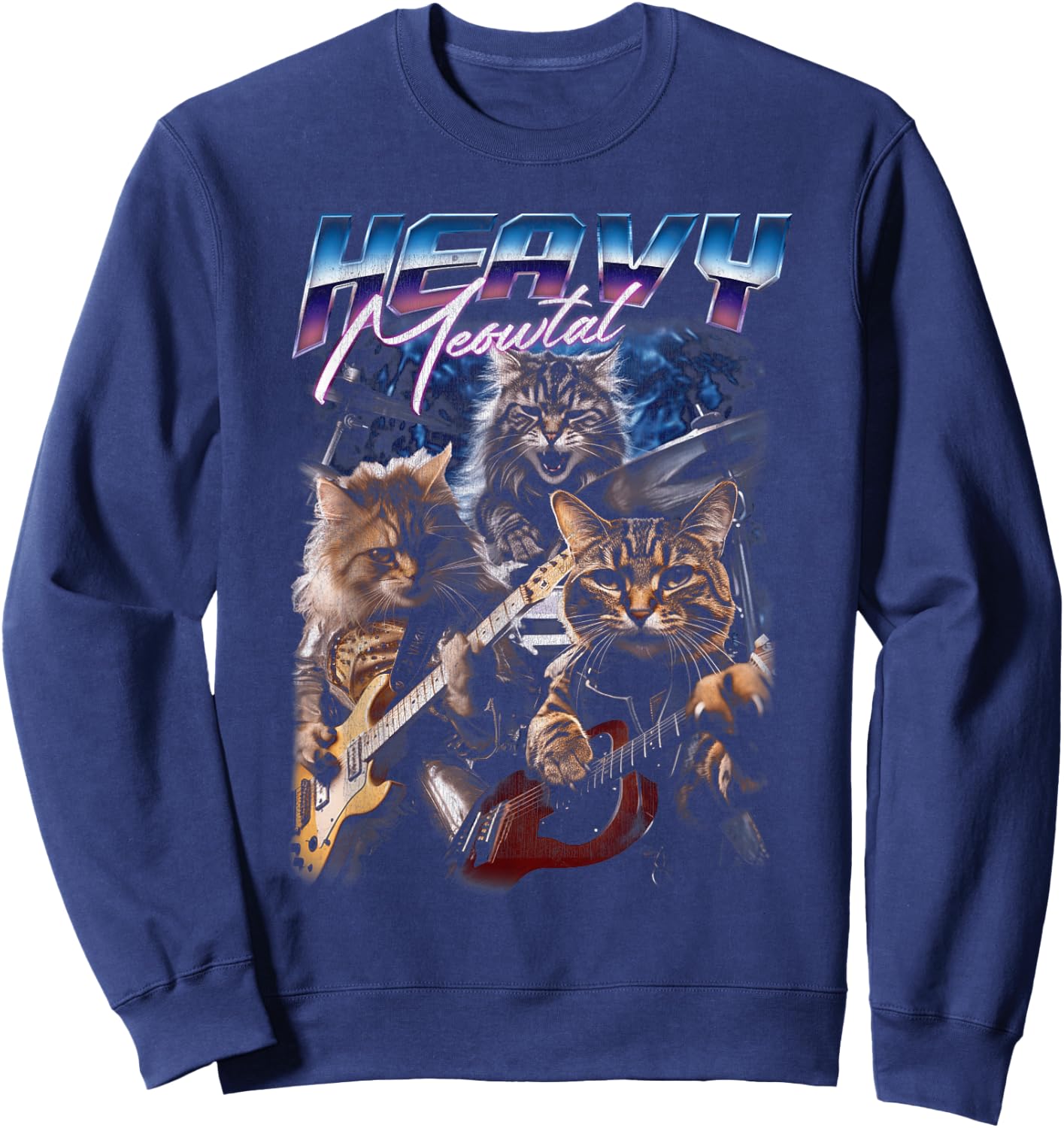 Heavy Meowtal Distressed Rock Cat Playing Guitar Music Bands Sweatshirt - Sweatshirt | Navy