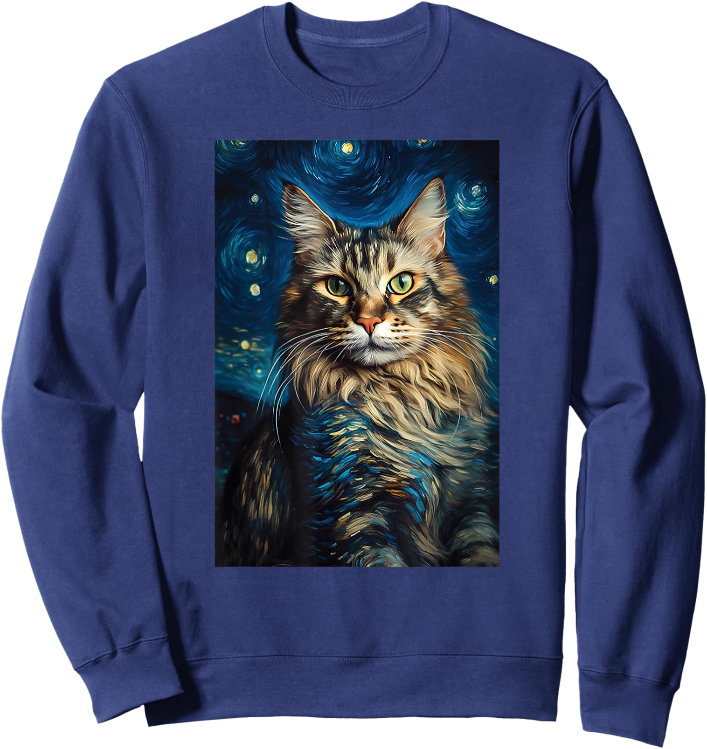 Maine Coon cat painting kitten Van Gogh art Starry Night sky Men Women Kids Sweatshirt - Sweatshirt | Navy