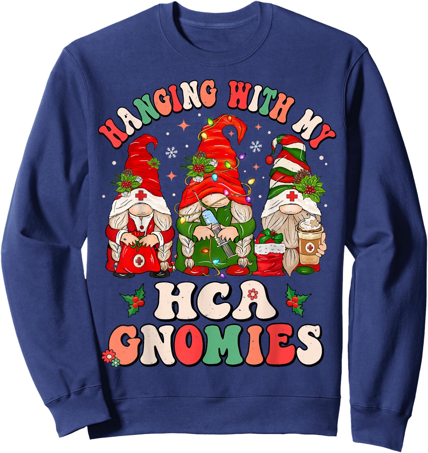 Hanging With My HCA Gnomies Christmas Healthcare Assistant Sweatshirt - Sweatshirt | Navy