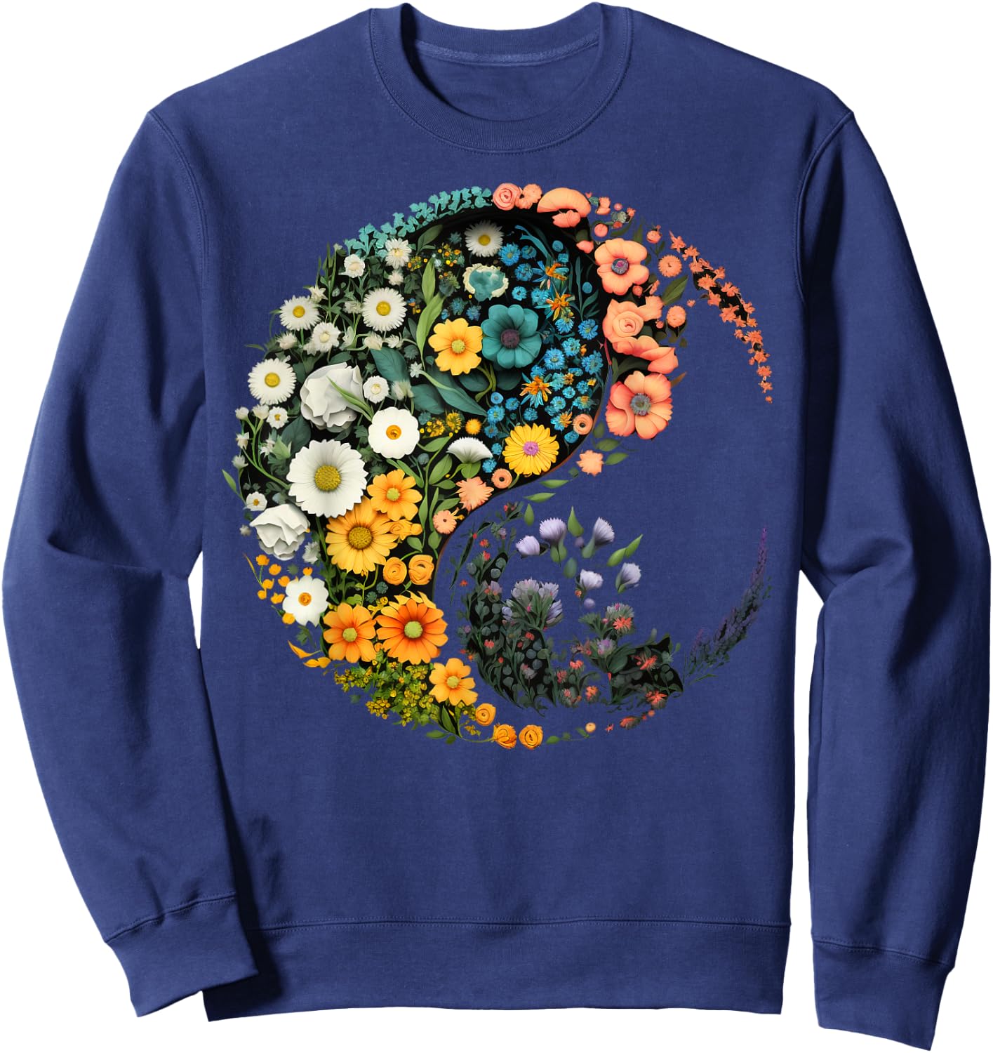 Flower Taoism Yin Yang Symbol on Zen Taijitu Yin Yang Sweatshirt - Sweatshirt | Navy