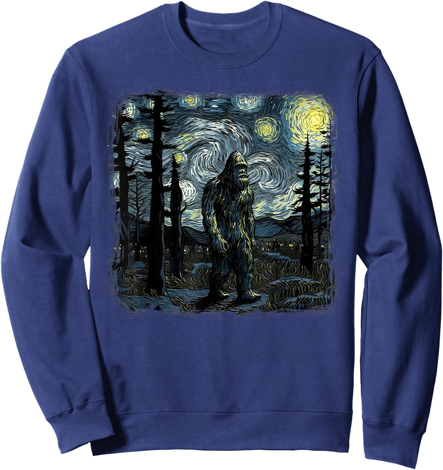 Bigfoot Starry Night Sasquatch Van Gogh Sky Painting Art Sweatshirt - Sweatshirt | Navy