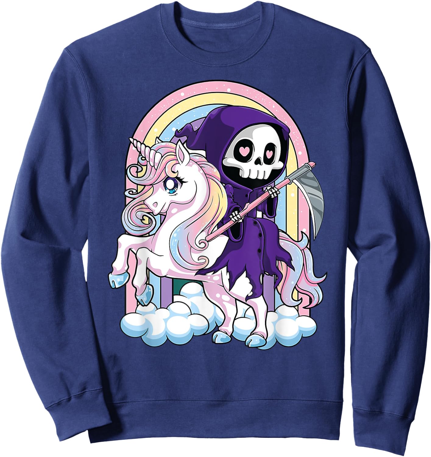 Kawaii Pastel Goth Cute Halloween Grim Reaper Riding Unicorn Sweatshirt - Sweatshirt | Navy