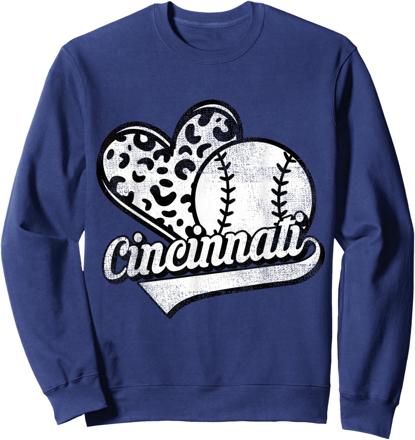 Vintage Cincinnati Baseball Leopard Heart Baseball Fans Sweatshirt - Sweatshirt | Navy