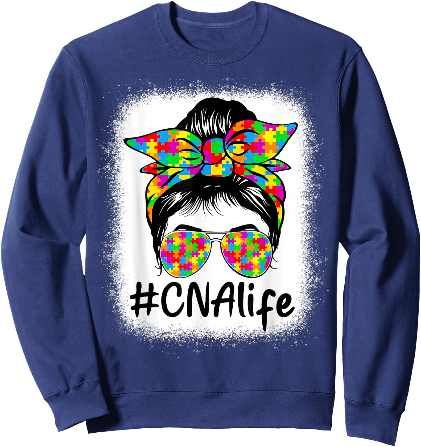 CNA Certified Nursing Assistant Messy Bun Autism Awareness Sweatshirt - Sweatshirt | Navy