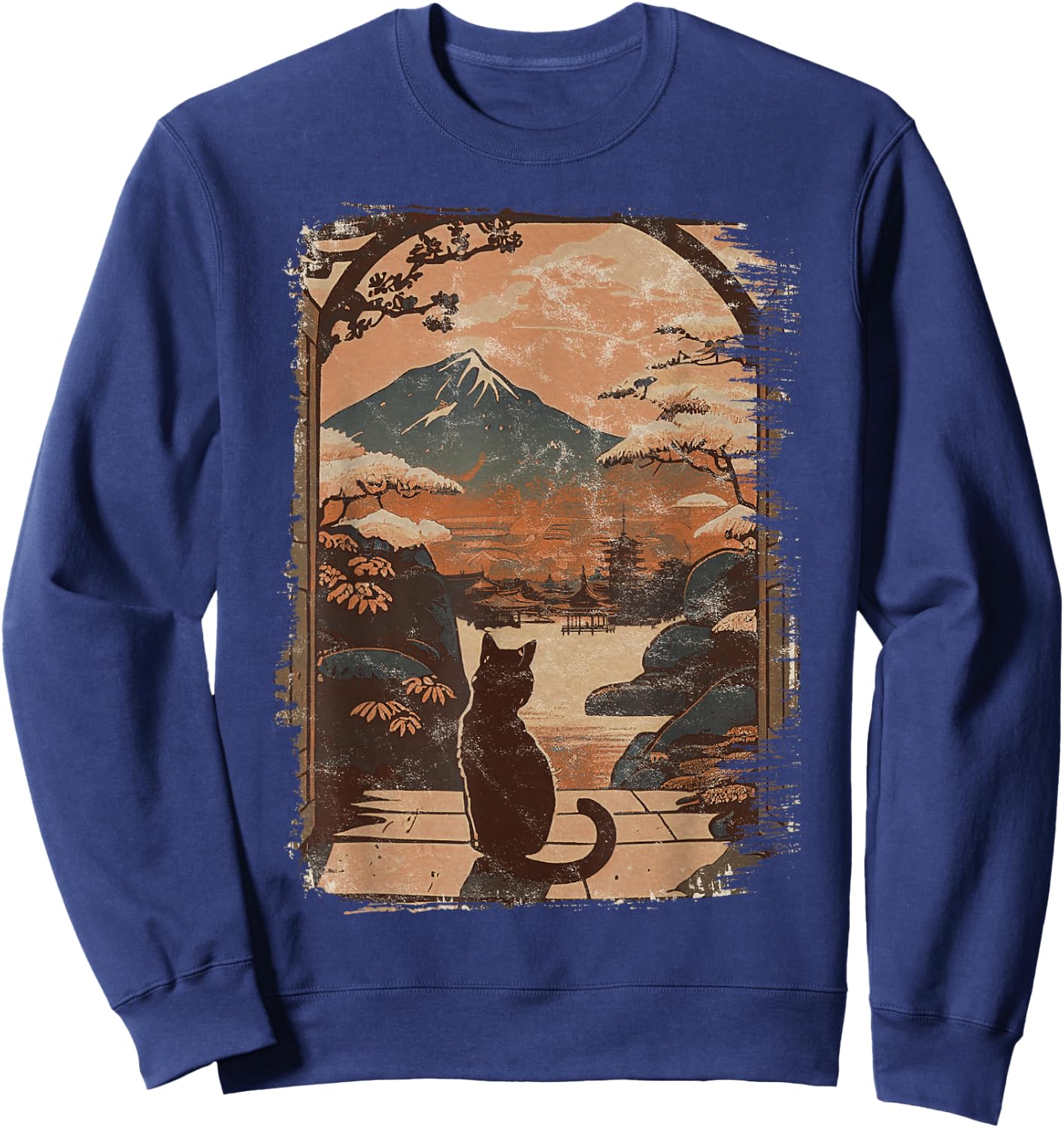 Japanese Cat with Landscape and Mountain Sweatshirt - Sweatshirt | Navy