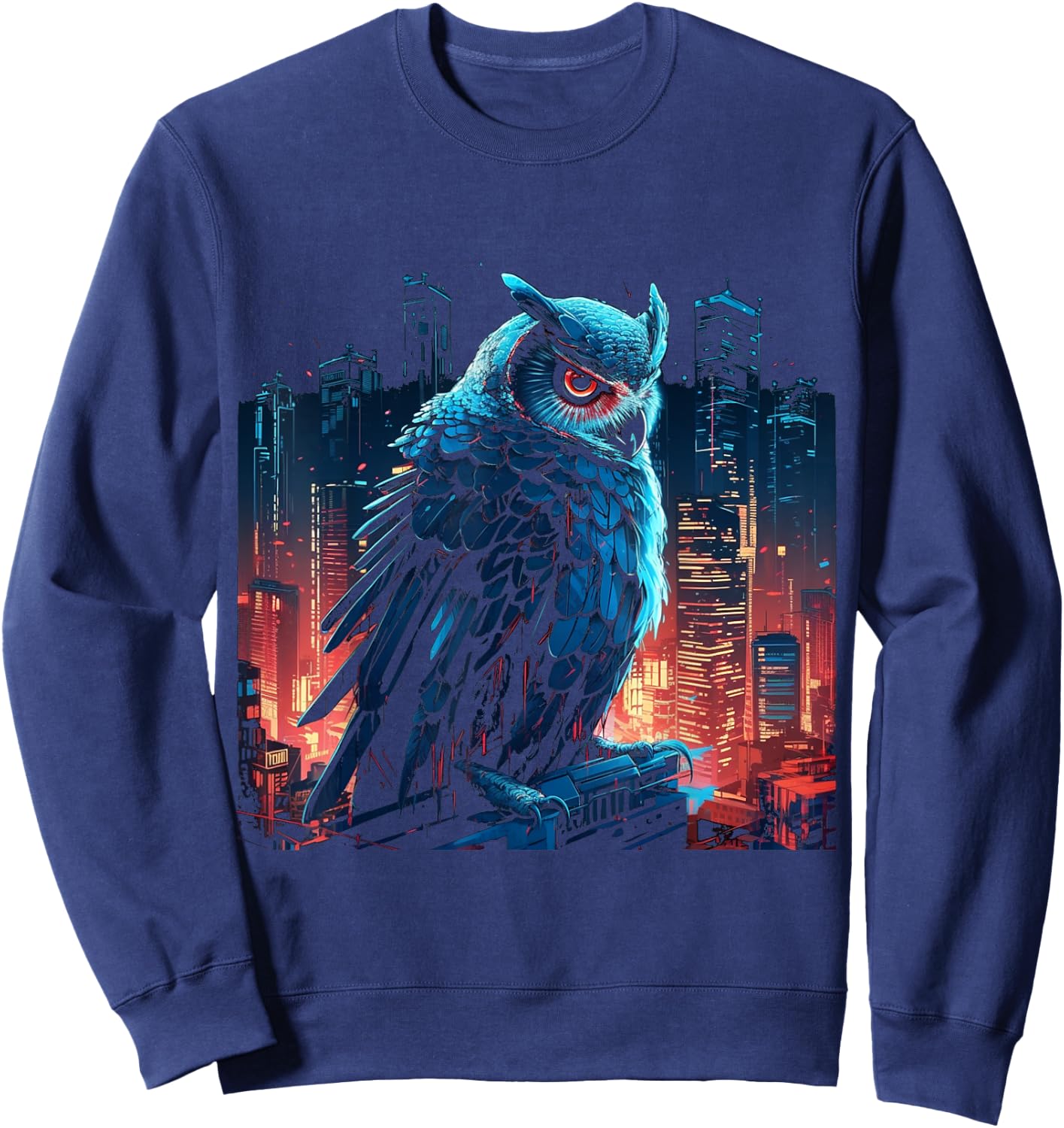 Owl Artwork - Animal Fantasy City Architecture Art Owl Sweatshirt - Sweatshirt | Navy