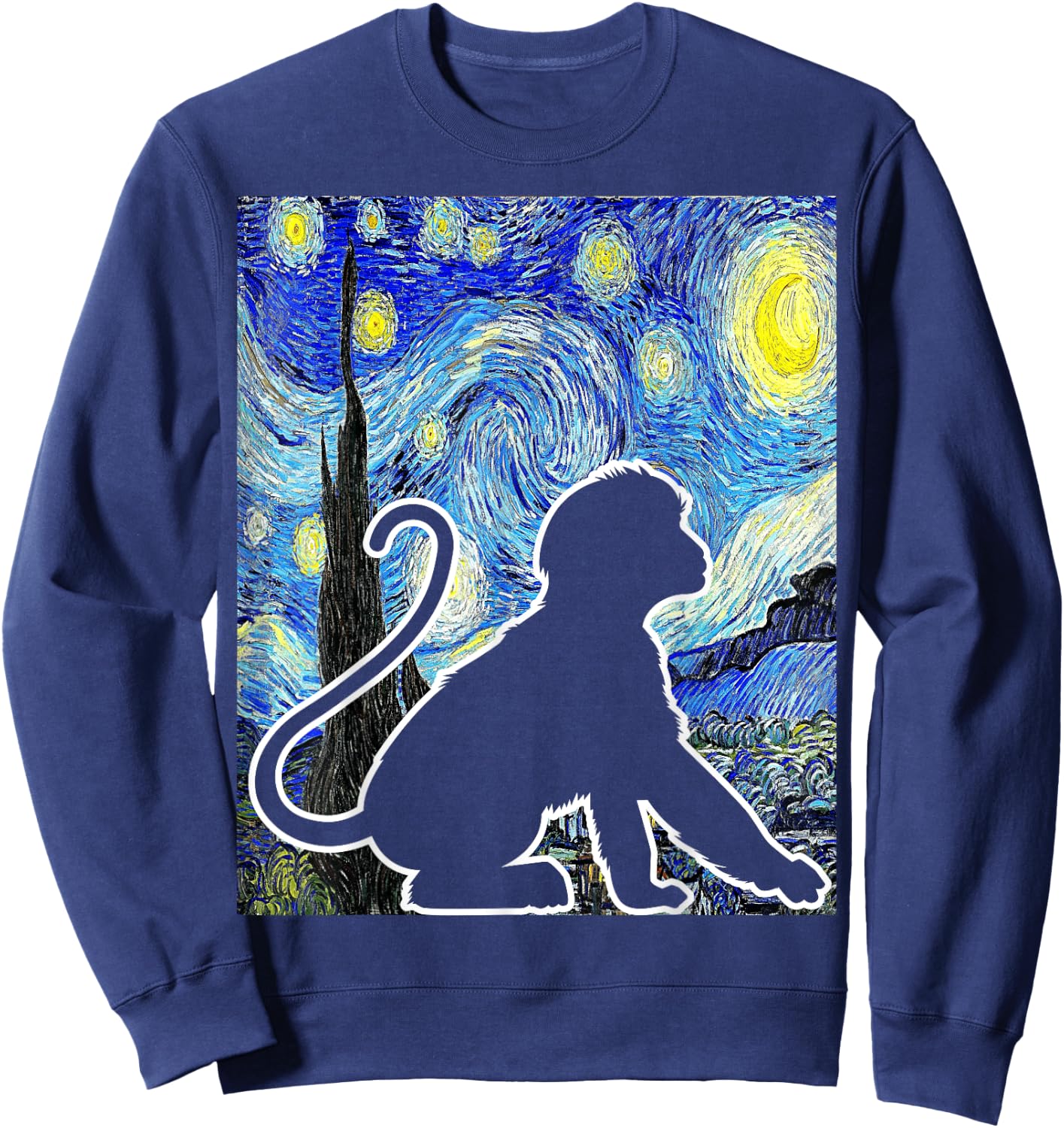 Funny Monkey Van Gogh Famous Painting Monkey Starry Night Monkey Lover - Black, -Adults & Kids, Short Sleeve, Classic Fit, , Small Sweatshirt - Sweatshirt | Navy
