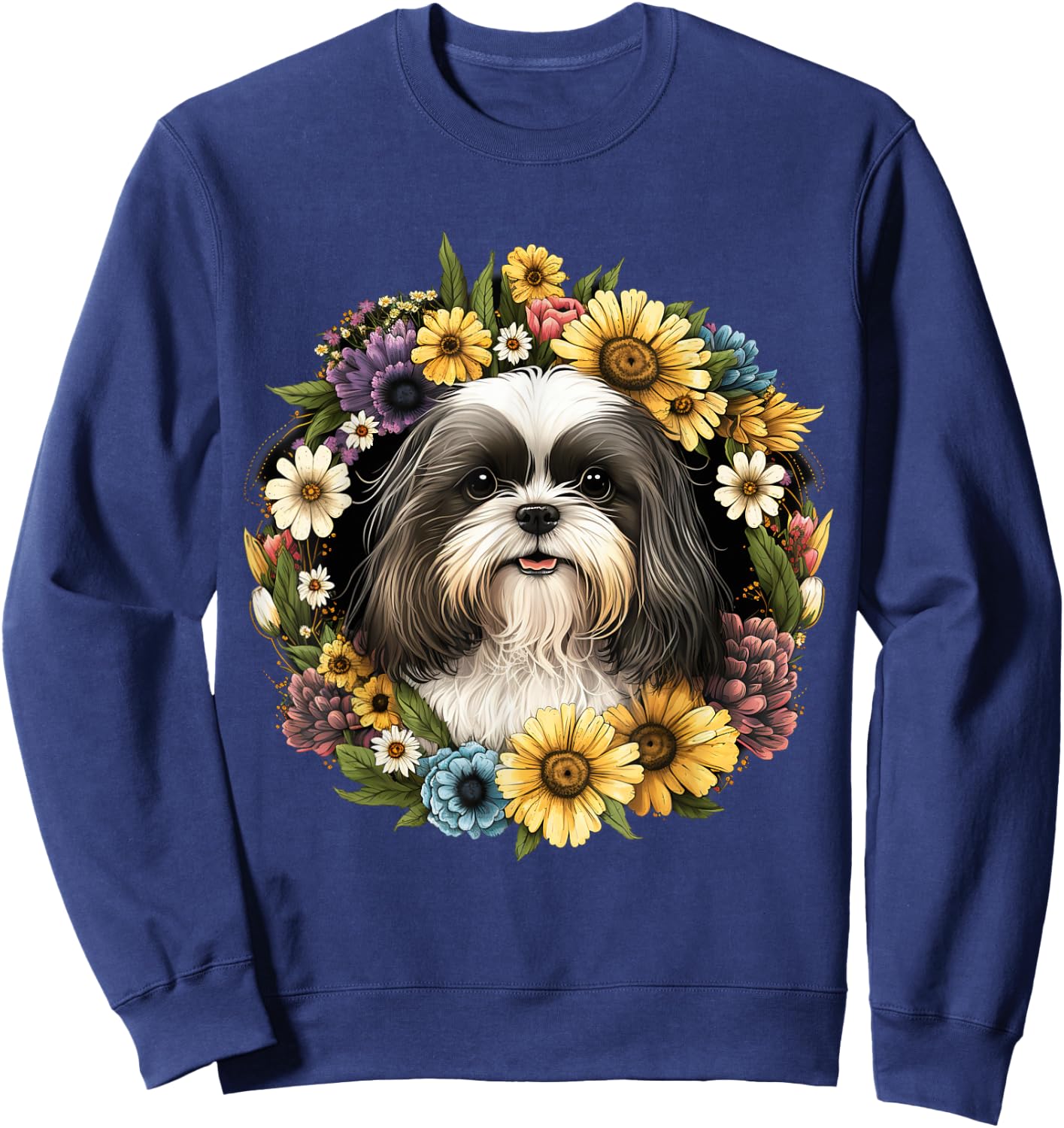 Sunflower Hippie Floral Shih Tzu Dog Men Women Kids Sweatshirt - Sweatshirt | Navy