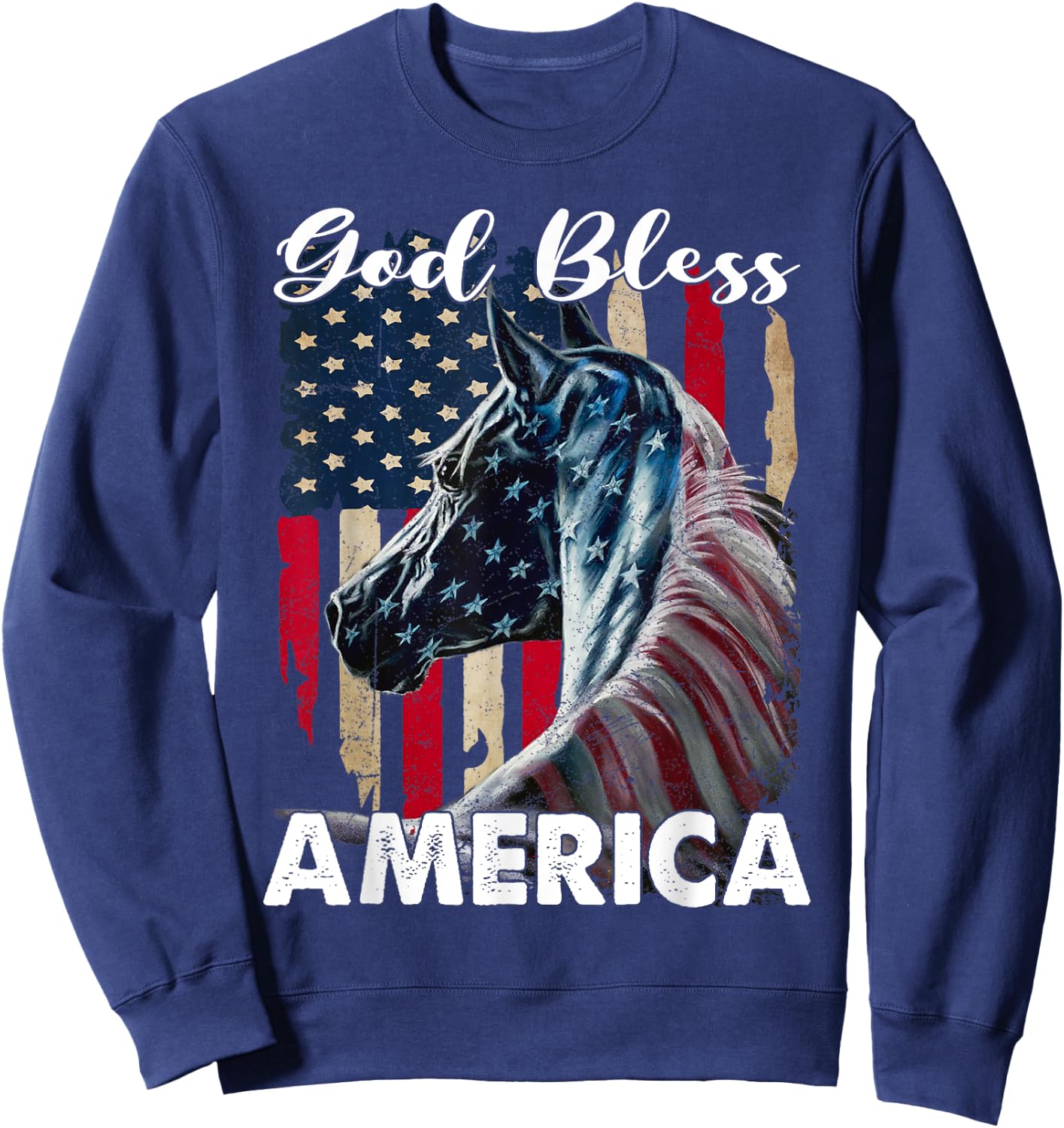 God bless America Horse Flag - Patriotic Horse American Flag Sweatshirt - Sweatshirt | Navy
