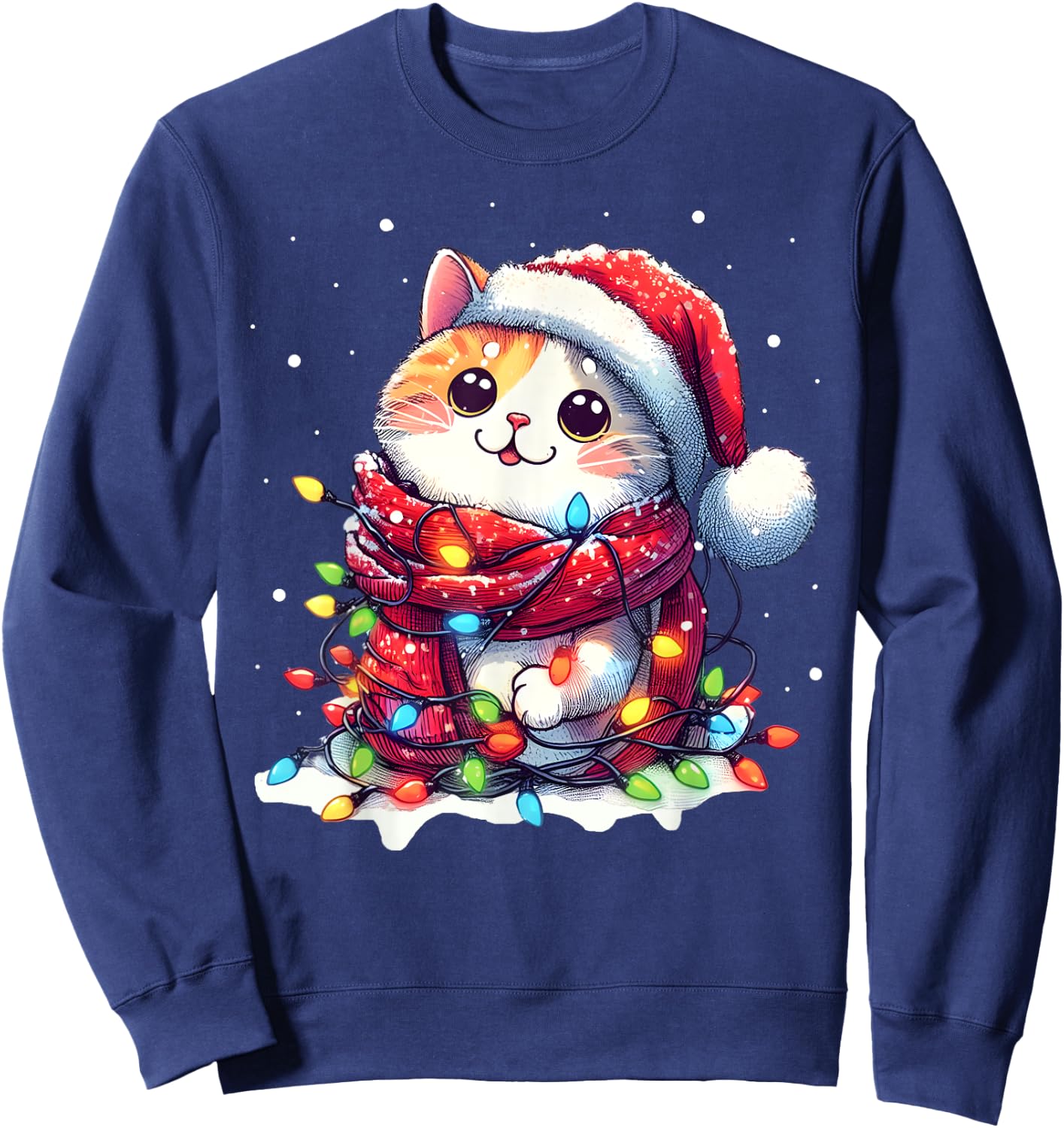 Funny Santa Cat Tangled Up in Christmas Lights Holiday Xmas Men Women Kids Sweatshirt - Sweatshirt | Navy