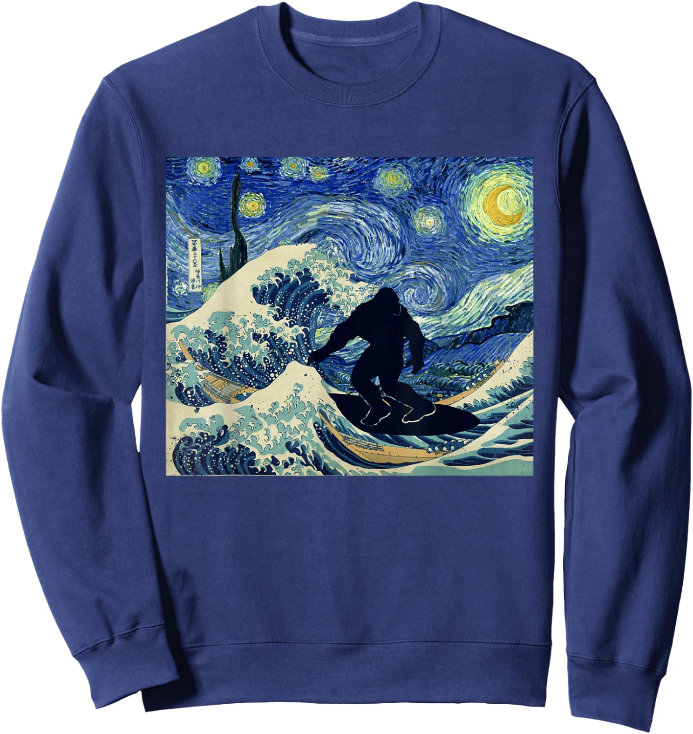 Starry Night Bigfoot Surfing Great Wave Off Kanagawa Sweatshirt - Sweatshirt | Navy