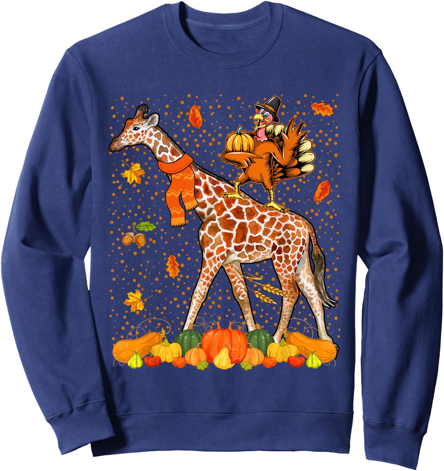 Wild Animal Thanksgiving Costume Thanksgiving Turkey Riding Giraffe With Fall Pumpkins -Adults Black Small Classic Fit Short Sleeve Cotton, Polyester Thanksgiving-themed Sweatshirt - Sweatshirt | Navy