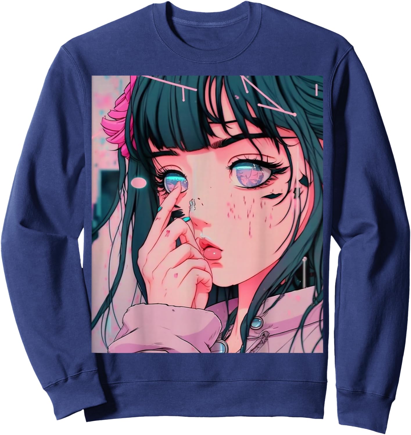 Anime Girl Vaporwave Egirl Aesthetic Japanese Otaku Sweatshirt - Sweatshirt | Navy