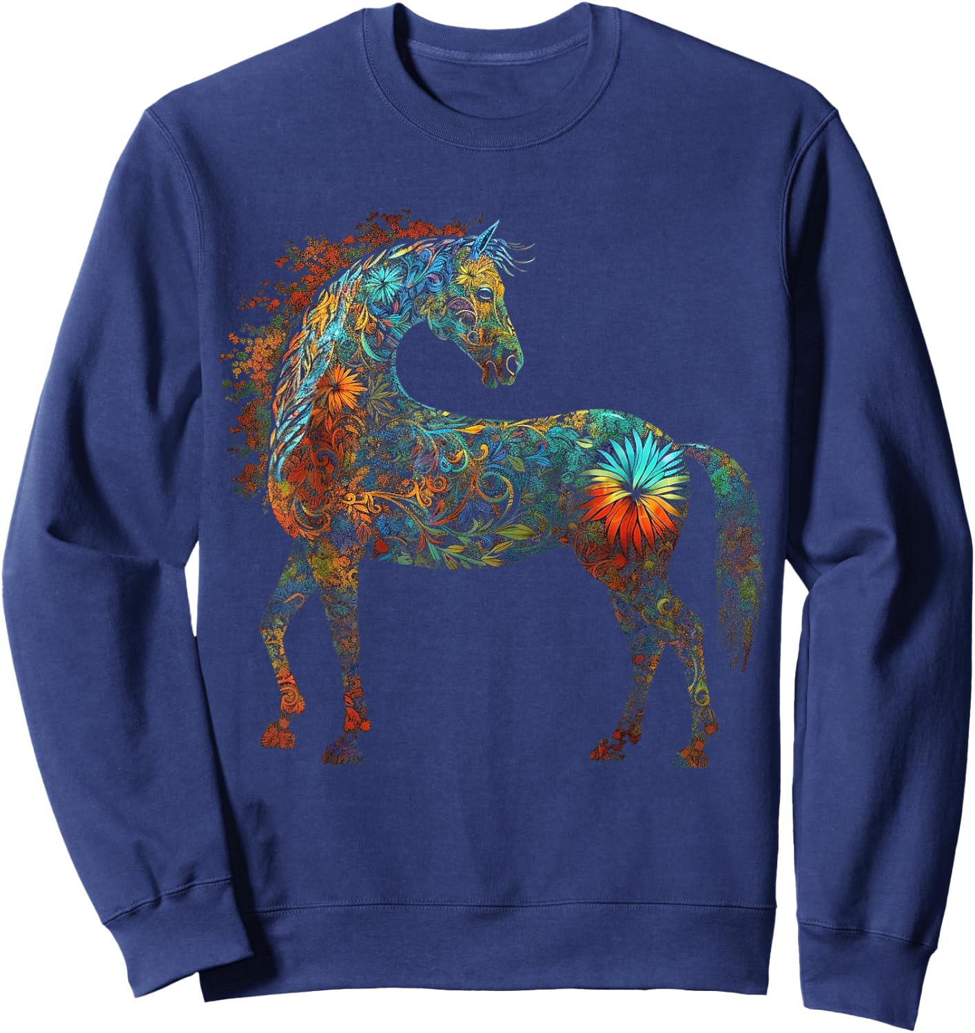 Horse Mandala Lover Artwork | Flowers Animal Motif Horse Sweatshirt - Sweatshirt | Navy