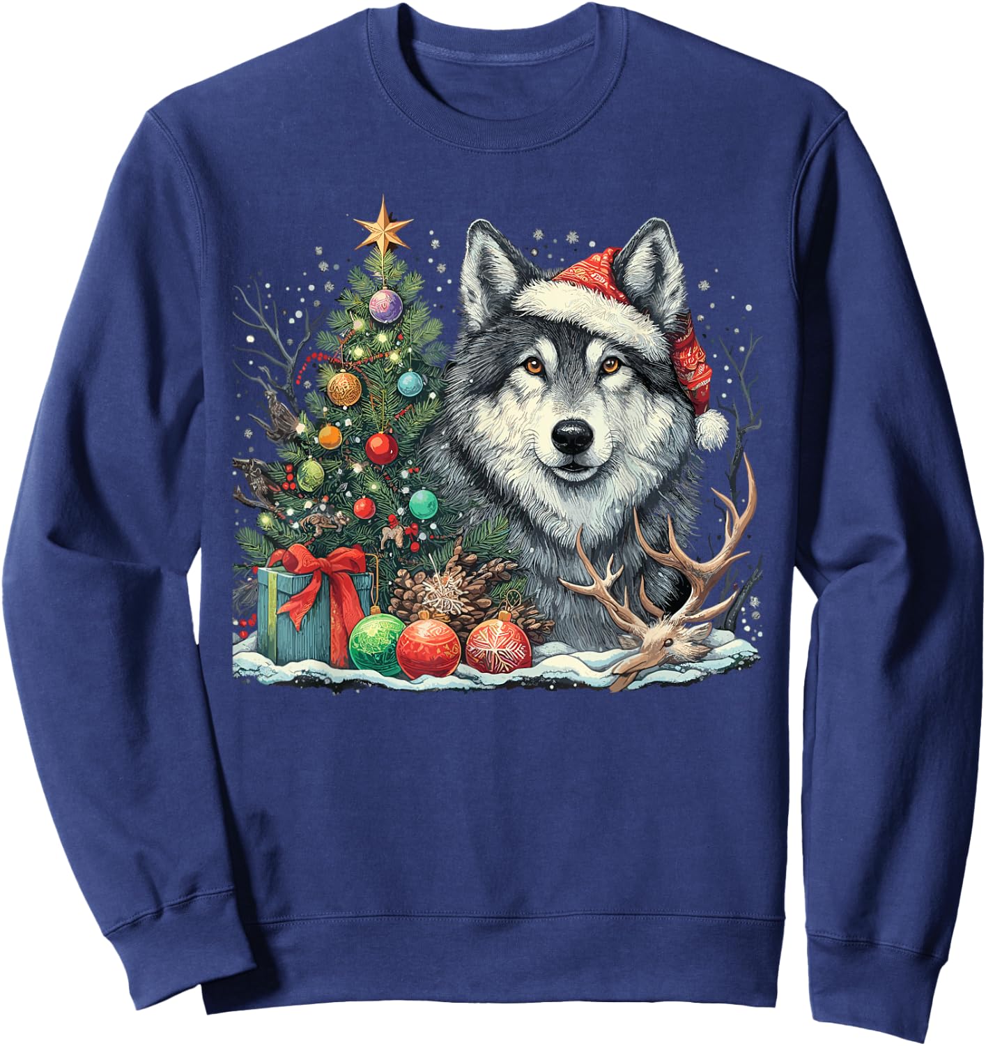 Cute Wolf With Christmas tree Wearing Santa Hat Sweatshirt - Sweatshirt | Navy