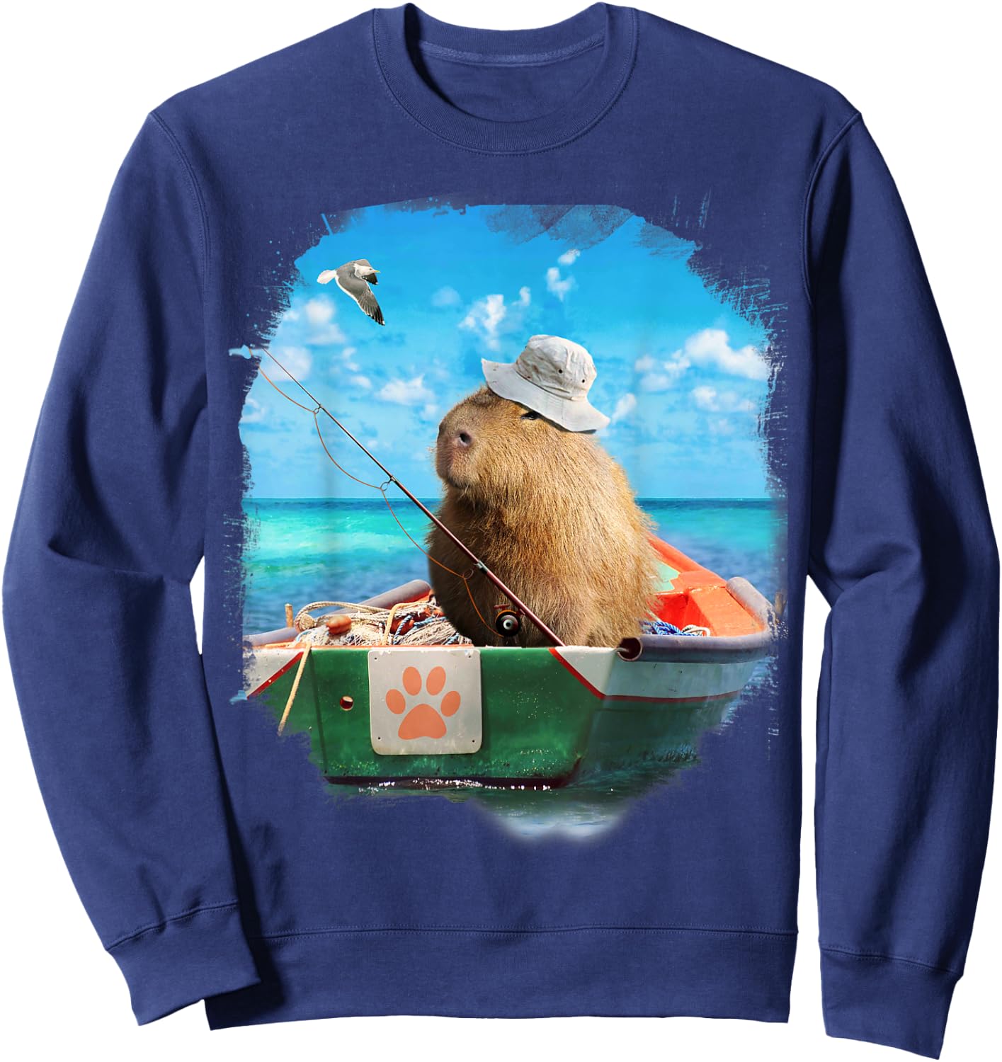 Capybara On Fishing Boat Funny Sweatshirt - Sweatshirt | Navy