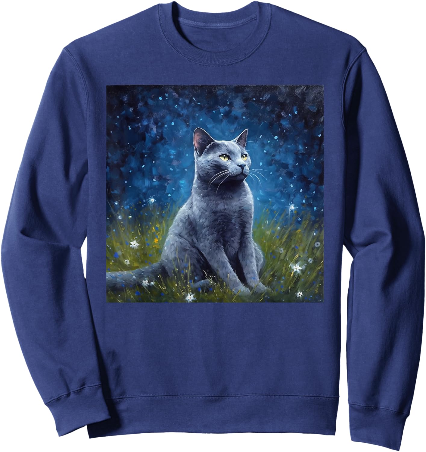 Cute Russian Blue Cat In A Starry Sky Night Painting Sweatshirt - Sweatshirt | Navy