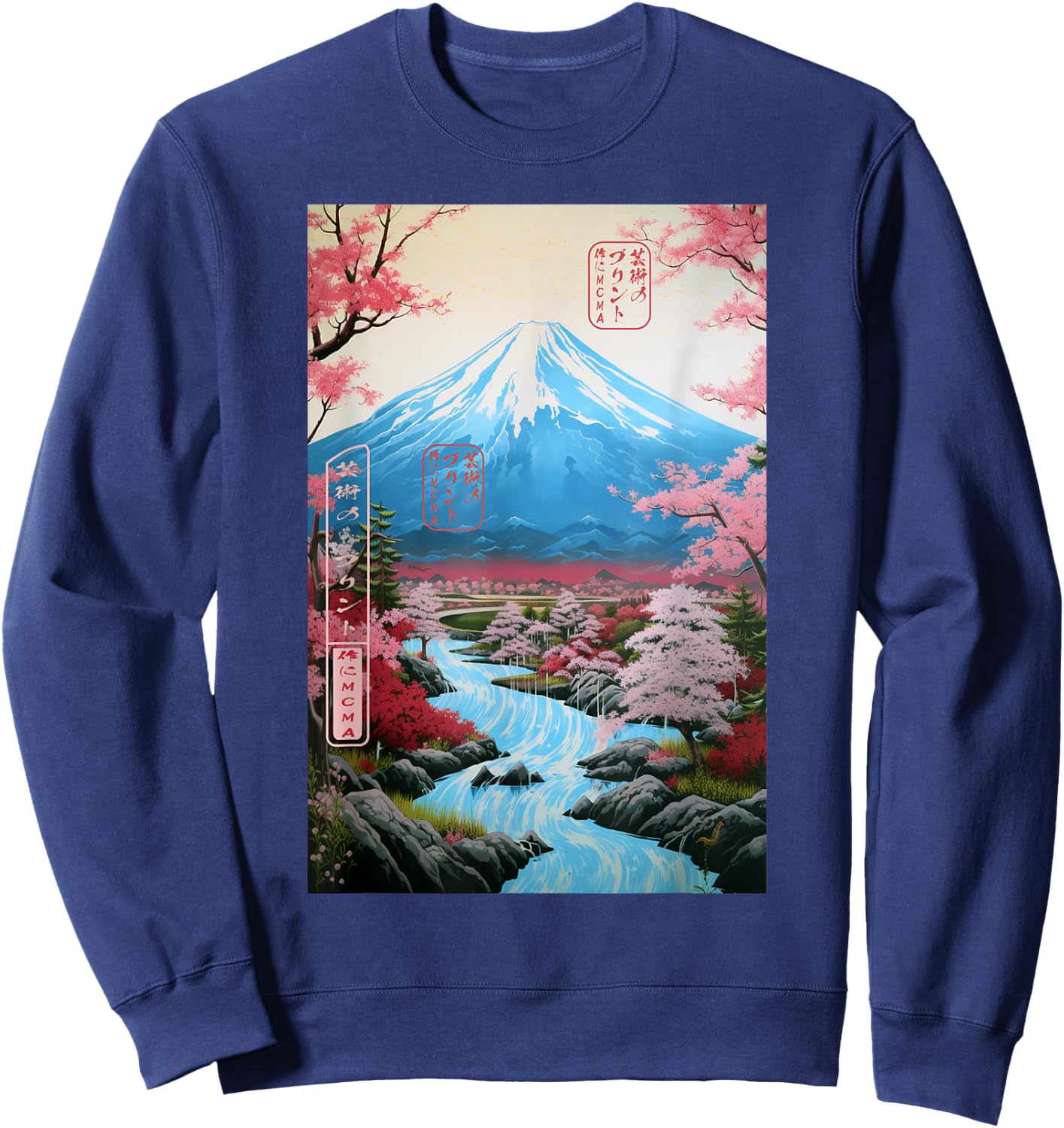 Ukiyo-e Cherry Blossom Mount Fuji Serenity Japanese Sweatshirt - Sweatshirt | Navy