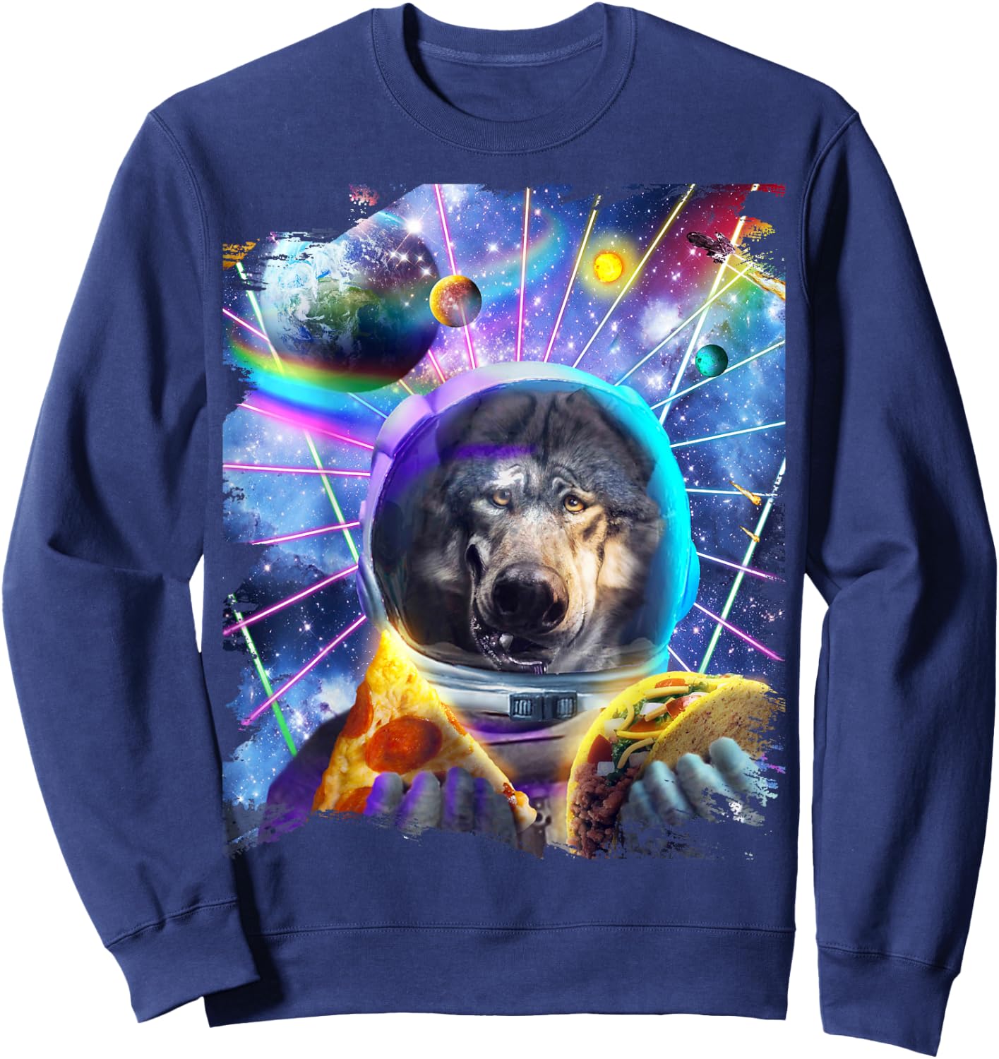 Wolf Astronaut In Space Eating Pizza Taco Sweatshirt - Sweatshirt | Navy