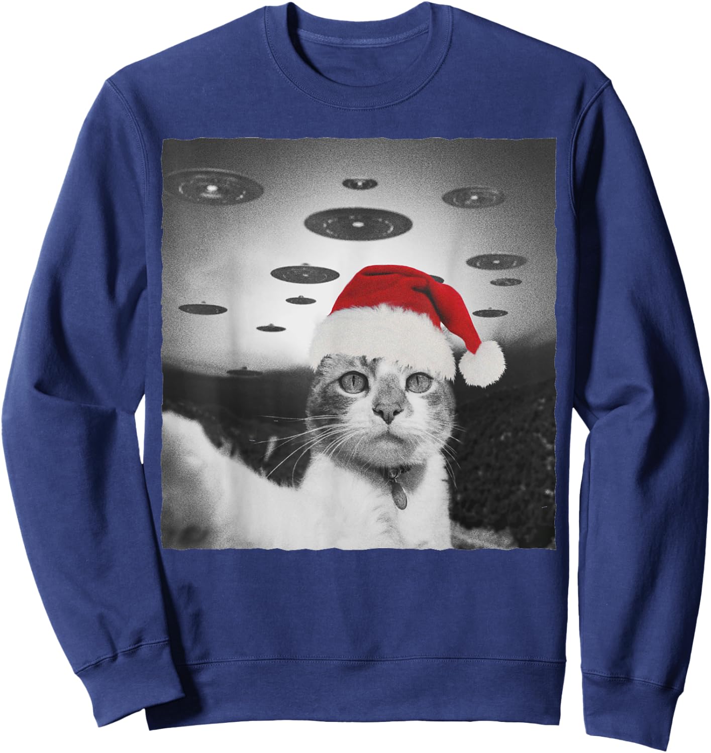 Funny Christmas Cat wear Santa Hat selfie with Alien UFO Men Women Kids Sweatshirt - Sweatshirt | Navy