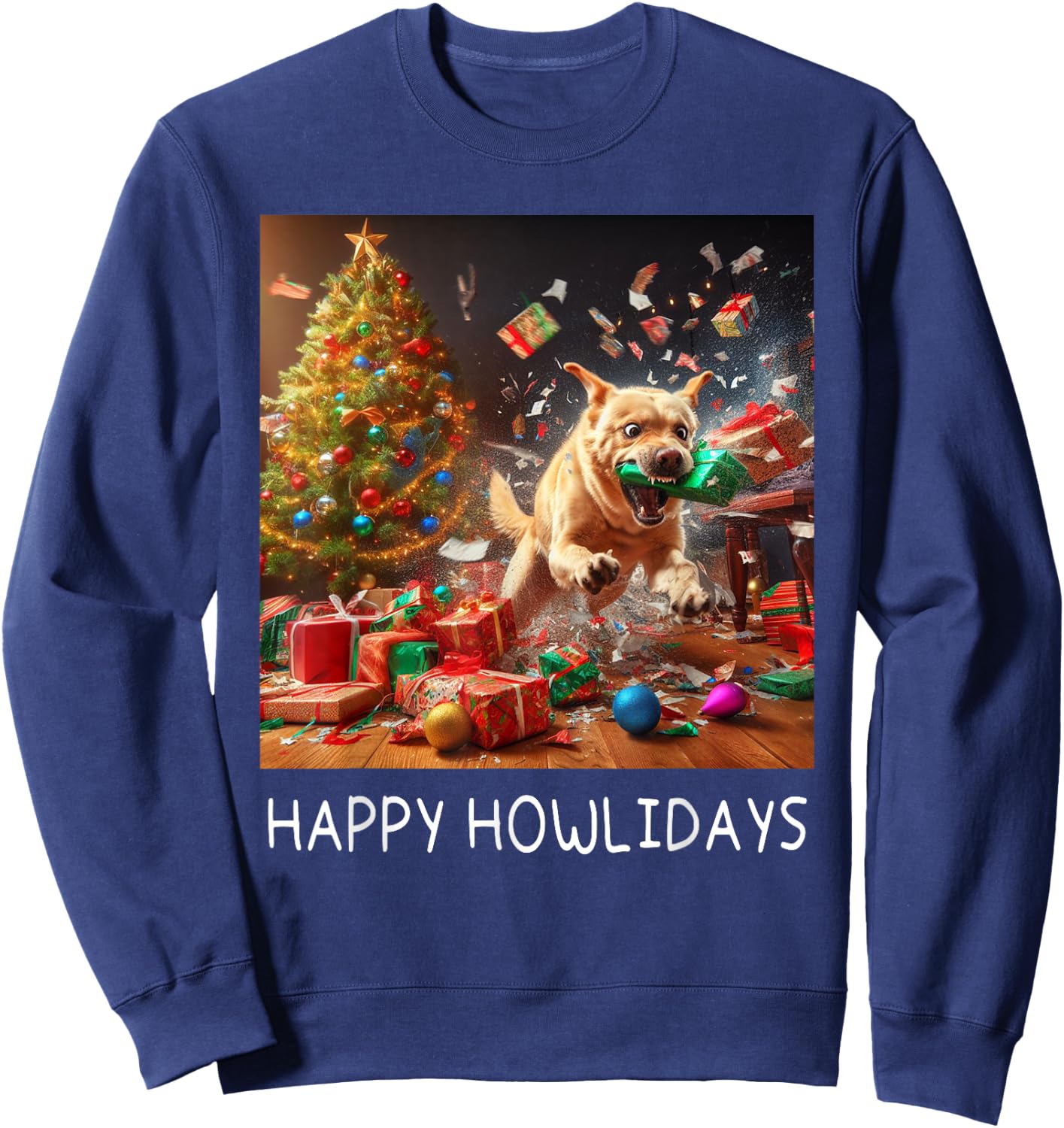 Funny Crazy Chaotic Dog Under The Tree Cute Happy Howlidays Sweatshirt - Sweatshirt | Navy