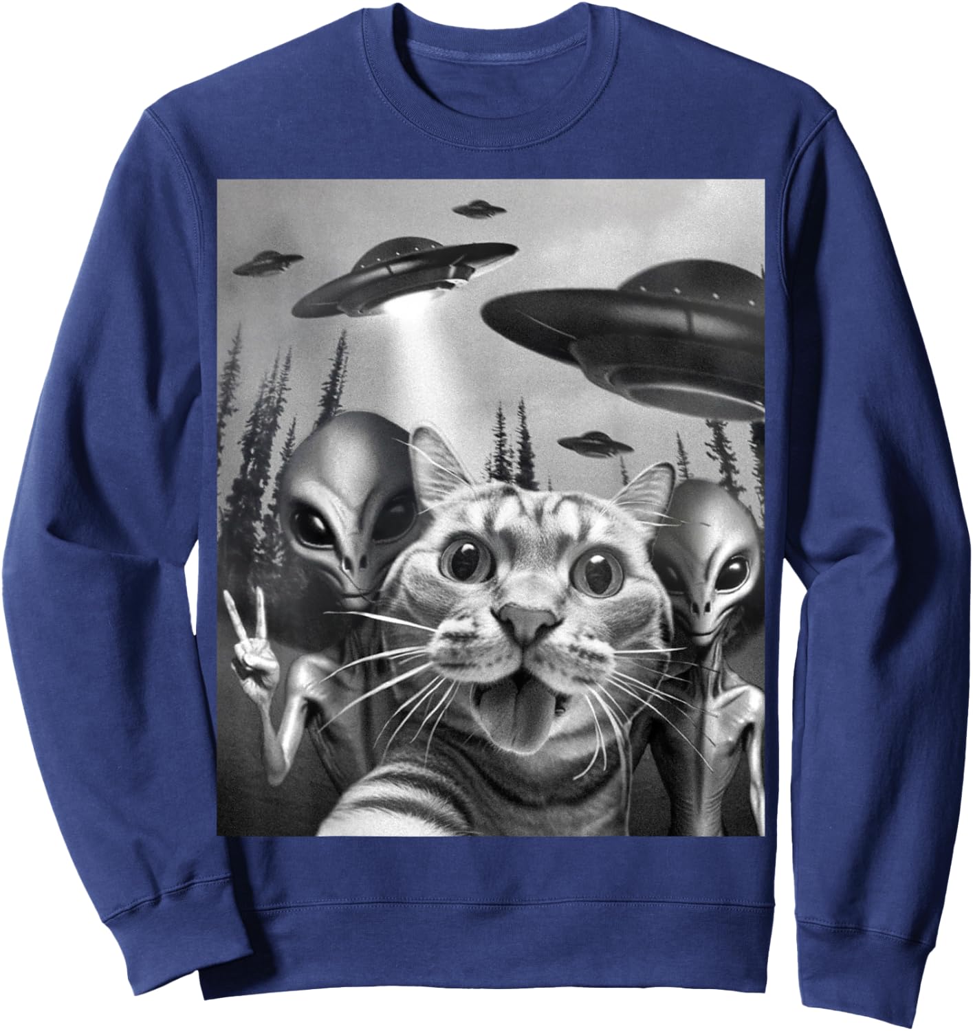 Funny Cat Selfie with UFOs Peace Sign Alien Cat UFO Invasion Sweatshirt - Sweatshirt | Navy