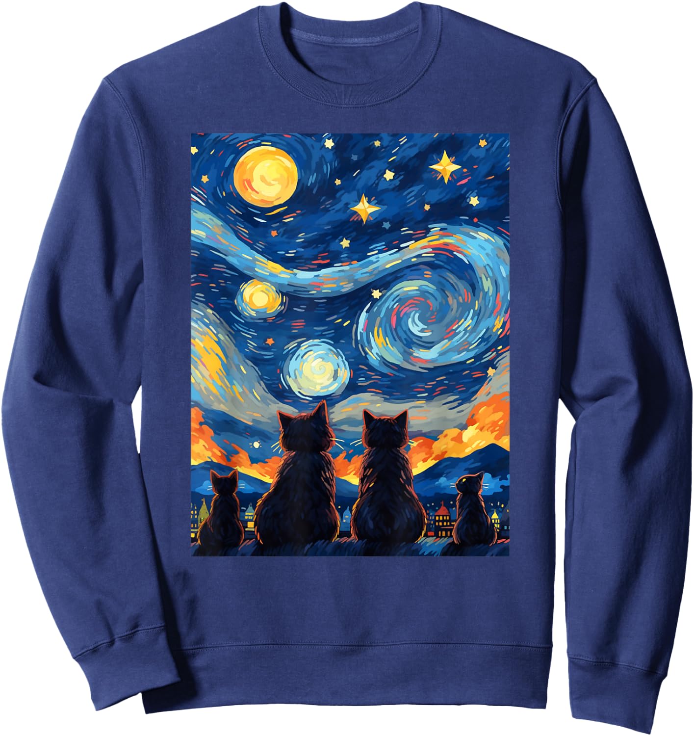 black cats Painting art Starry Night kitty kitten Van Gogh Sweatshirt - Sweatshirt | Navy