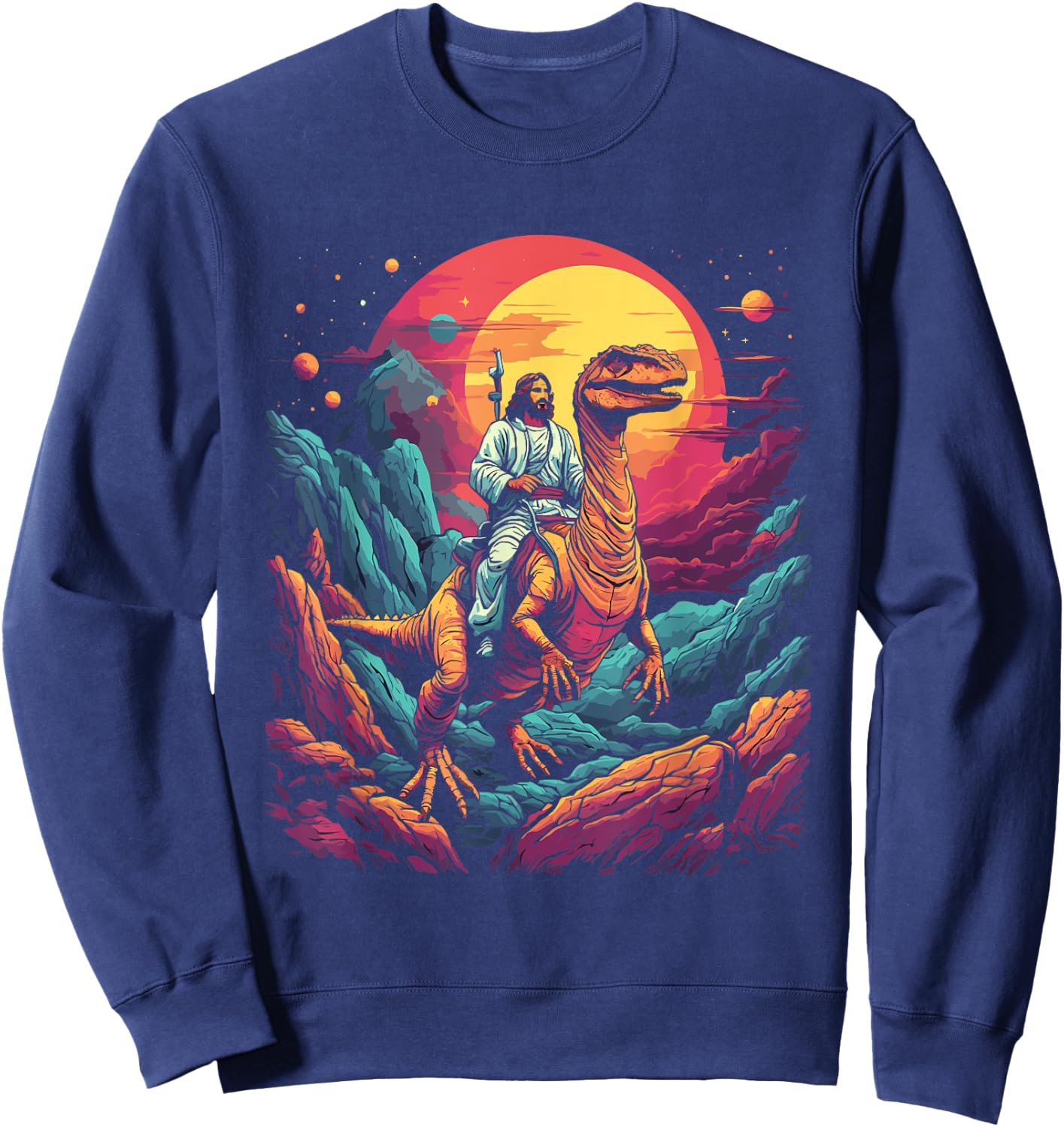 Jesus Riding in Space T-Rex Dinosaur Meme Sci-Fi Believers Sweatshirt - Sweatshirt | Navy