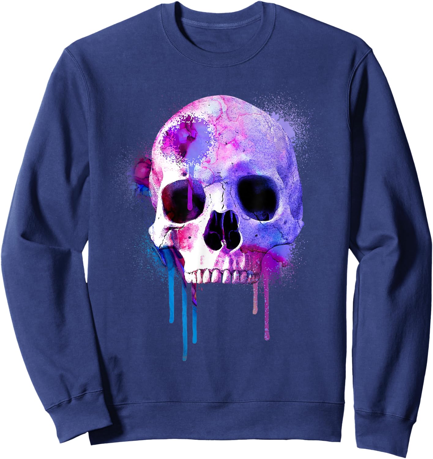 Colorful Human Skeleton Skull Watercolor with Paint Drips Sweatshirt - Sweatshirt | Navy