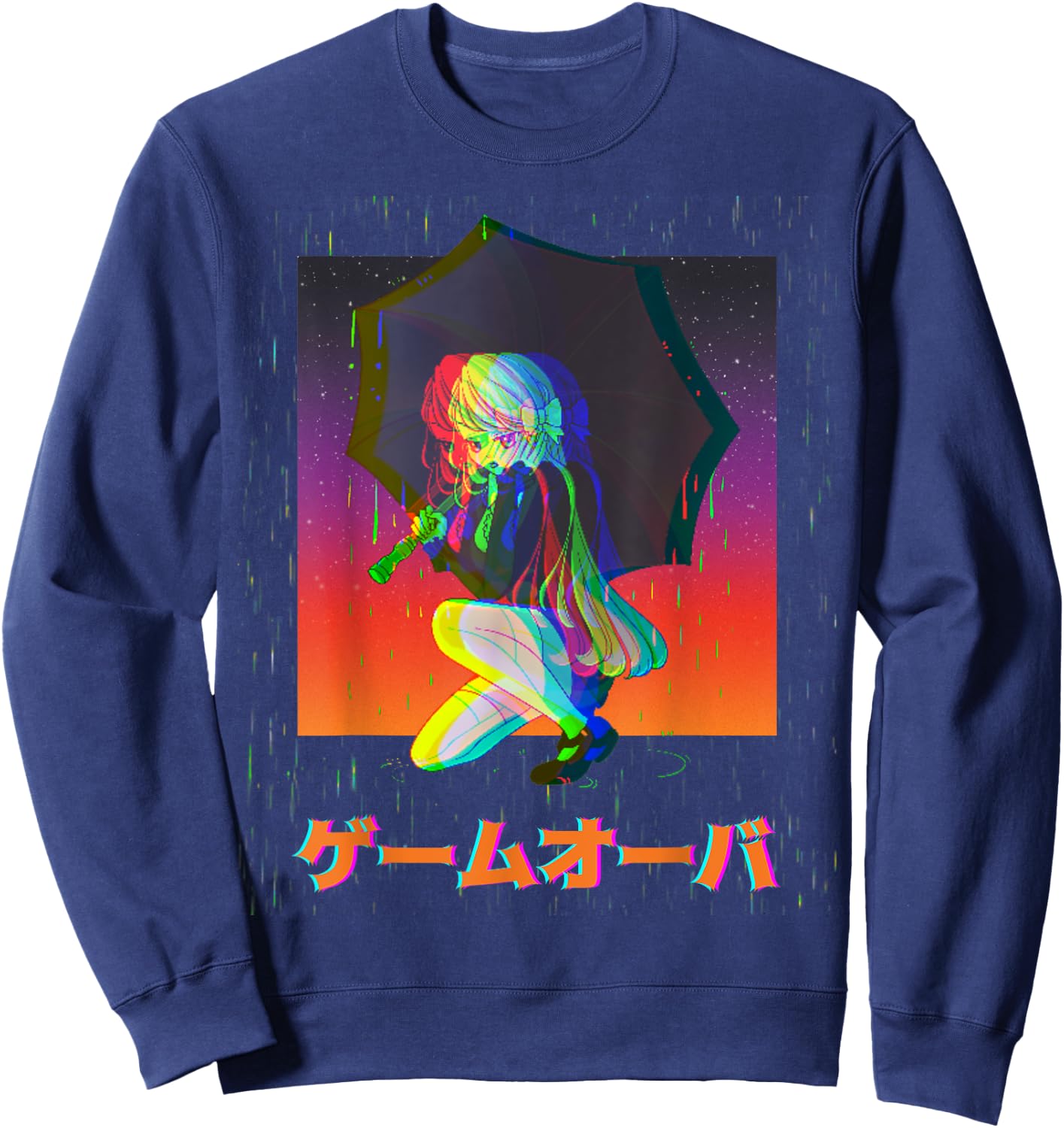 Sad Anime Girl Game Over Glitch Japanese Vaporwave Sweatshirt - Sweatshirt | Navy