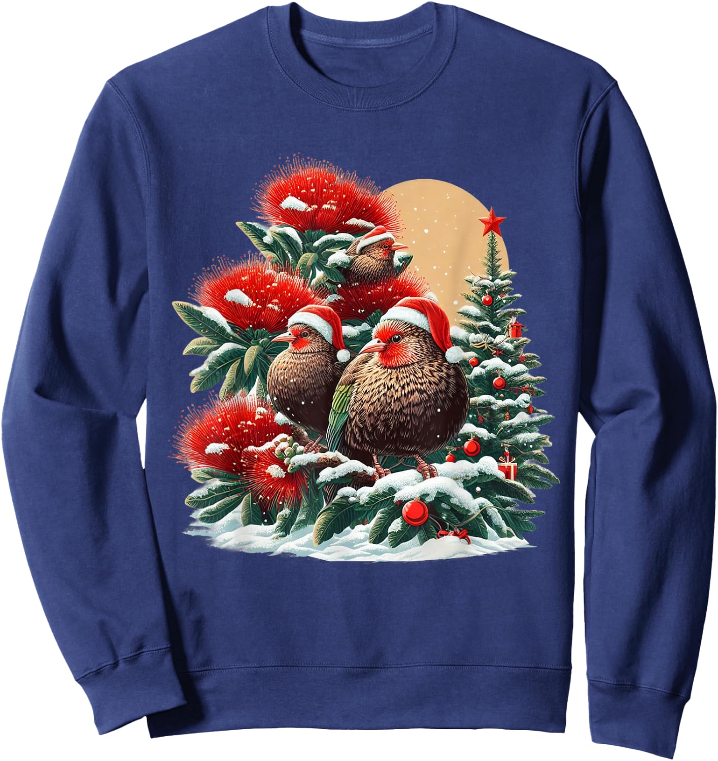 Christmas Pohutukawa Tree New Zealand Kiwi Birds Santa Hat Sweatshirt - Sweatshirt | Navy