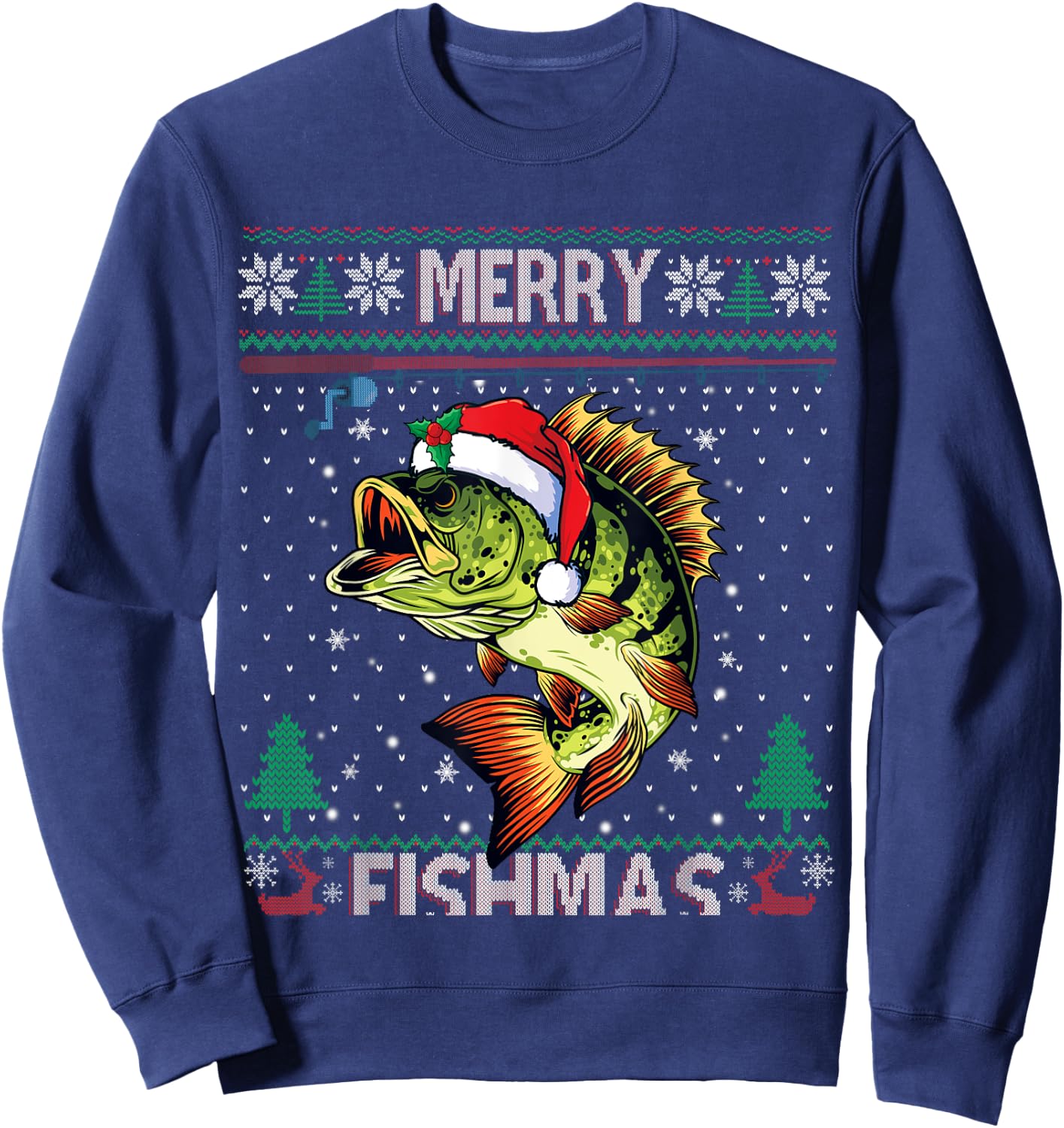 Merry Fishmas Bass Fish Fishing Christmas Ugly Sweater Xmas Sweatshirt - Sweatshirt | Navy