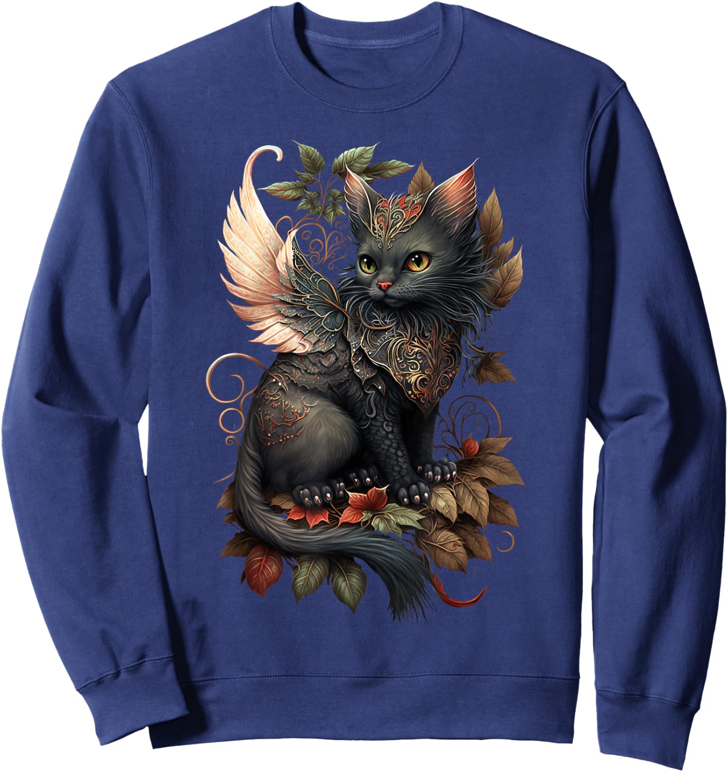 Mystical Black Cat Dragon Fairy: Copper Autumn Whimsy Men Women Girls Kids Sweatshirt - Sweatshirt | Navy