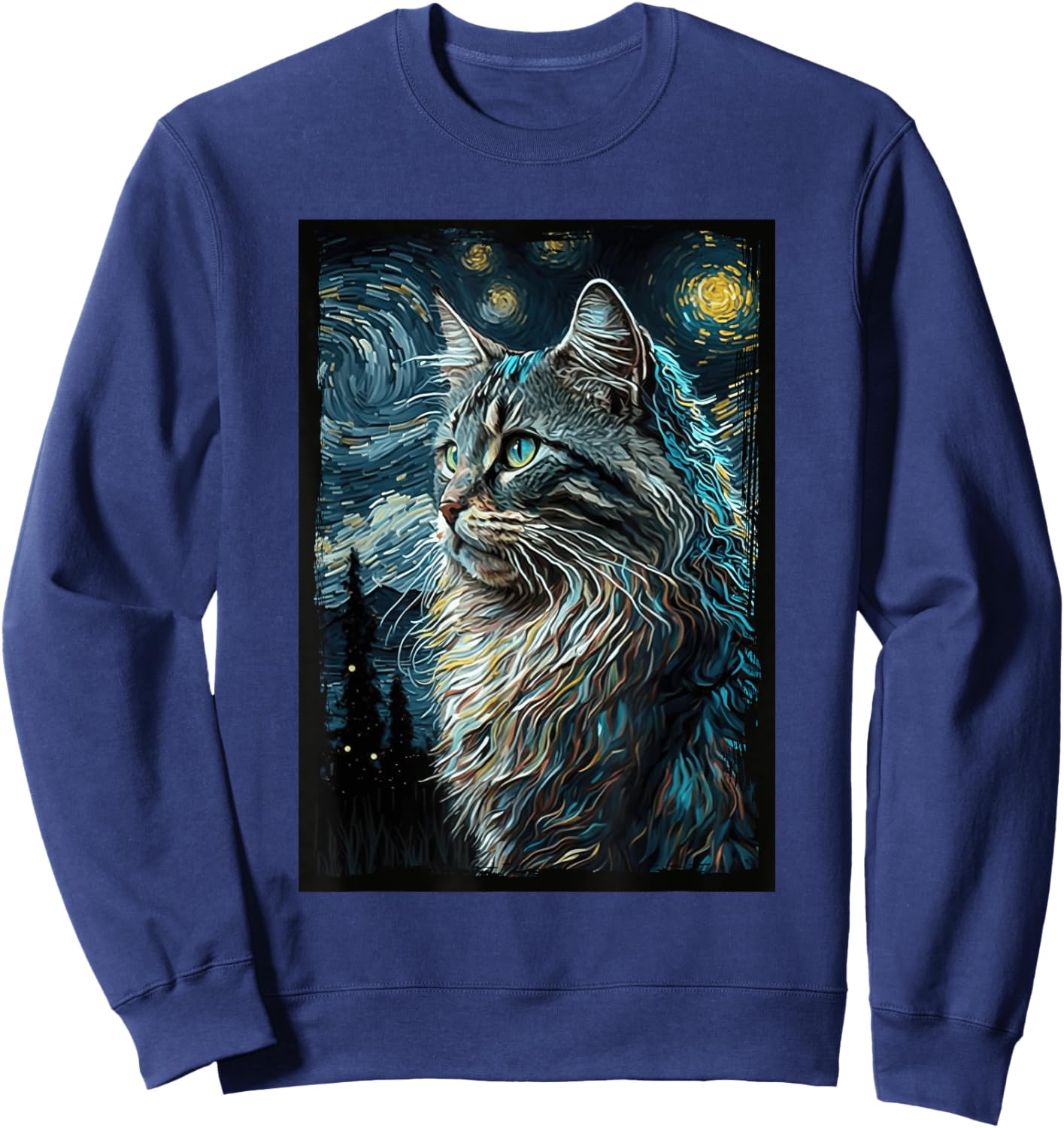 Maine Coon Cat Van Gogh's Starry Night Cat Lover Cat Mom Dad Sweatshirt - Sweatshirt | Navy
