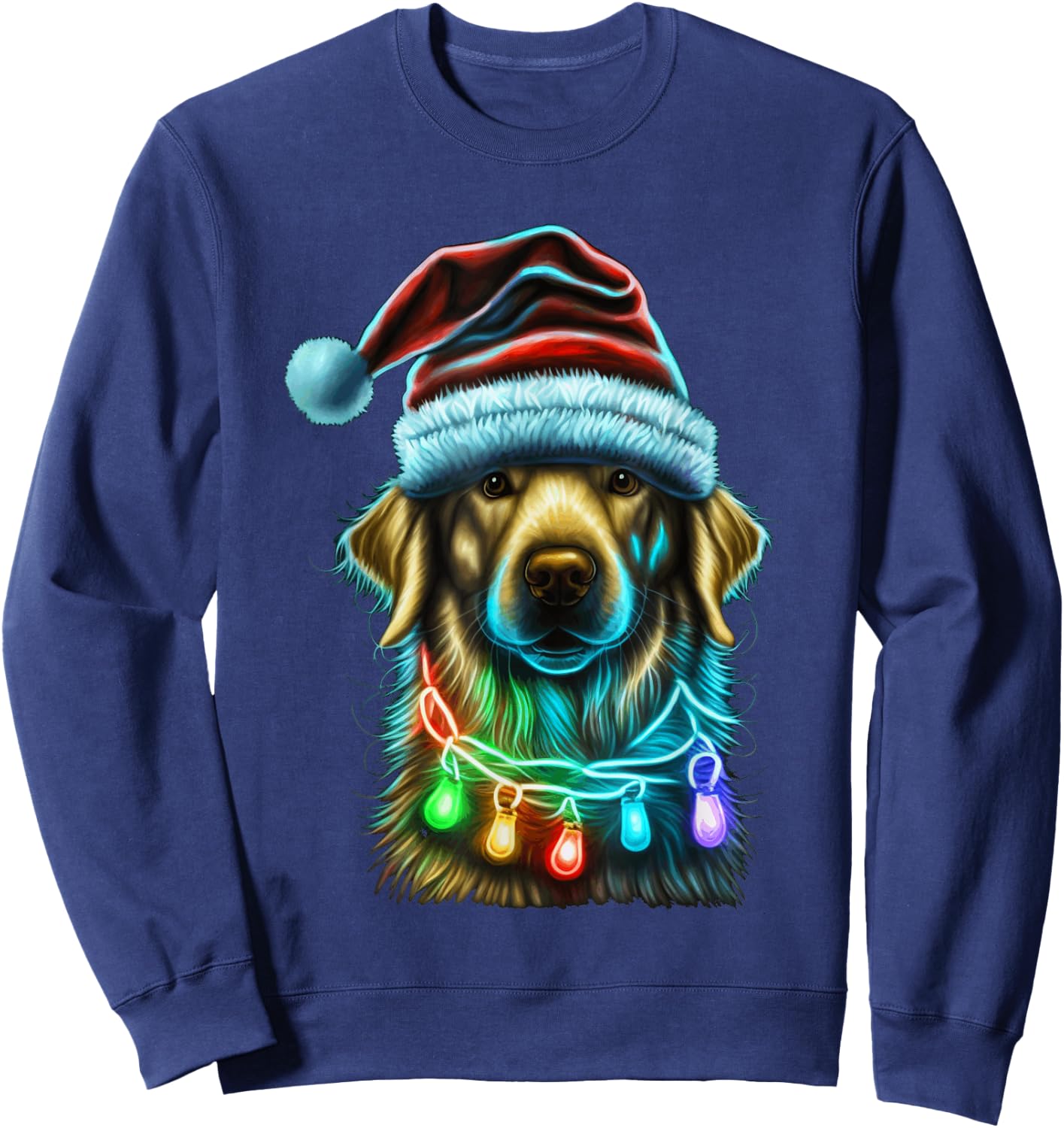 Golden Retriever Funny dog Christmas Santa Hat lights tree Men Women Kids Sweatshirt - Sweatshirt | Navy