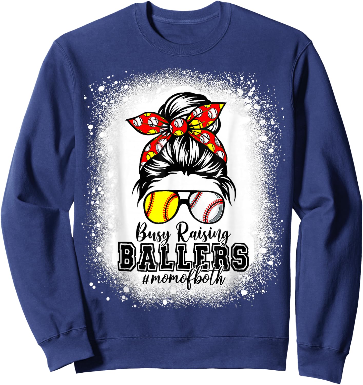 Messy Bun Mom Of Both Baseball Softball Busy Raising Ballers Sweatshirt - Sweatshirt | Navy