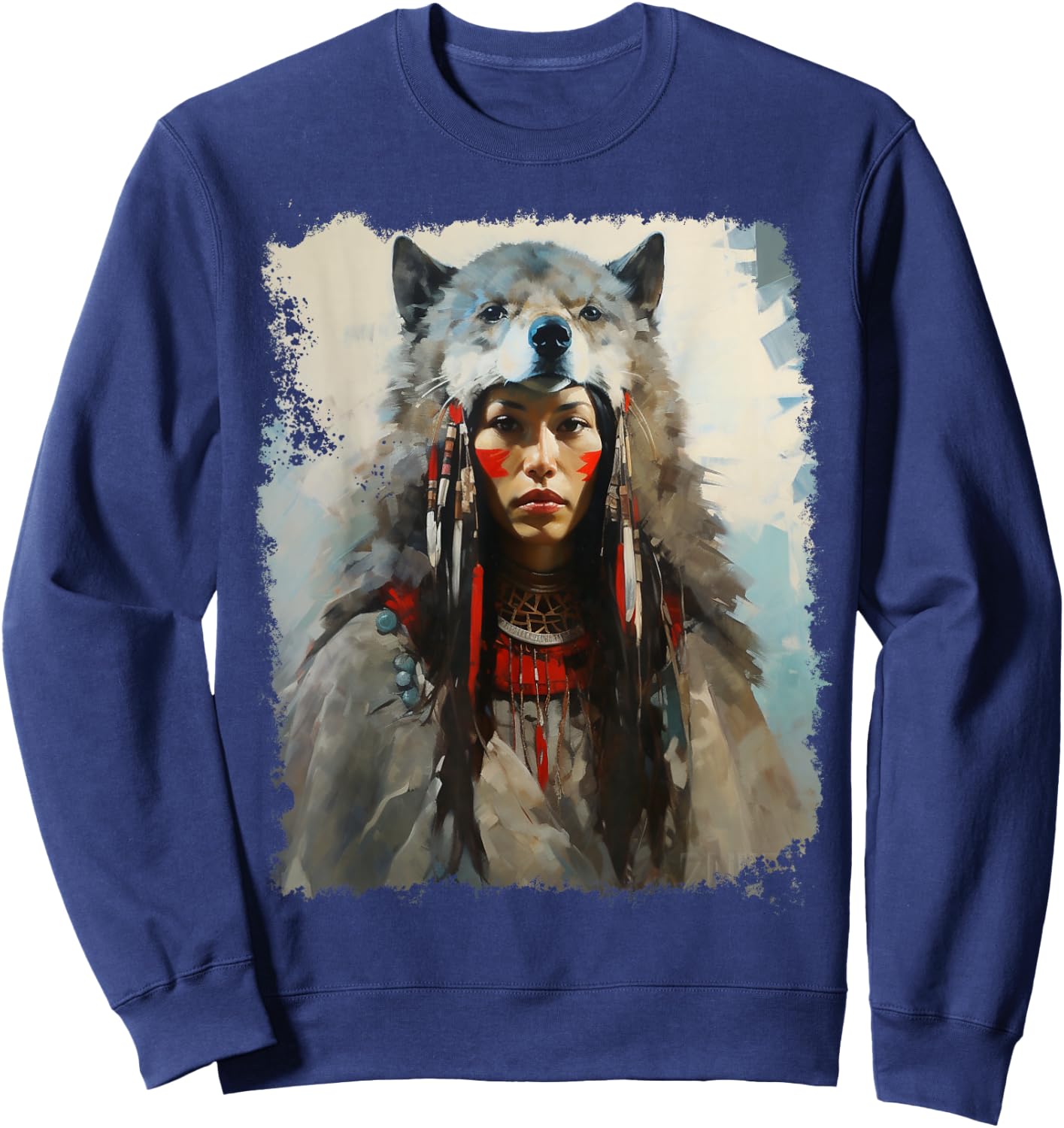 Native Indian Woman Tribe Wolf Sweatshirt - Sweatshirt | Navy