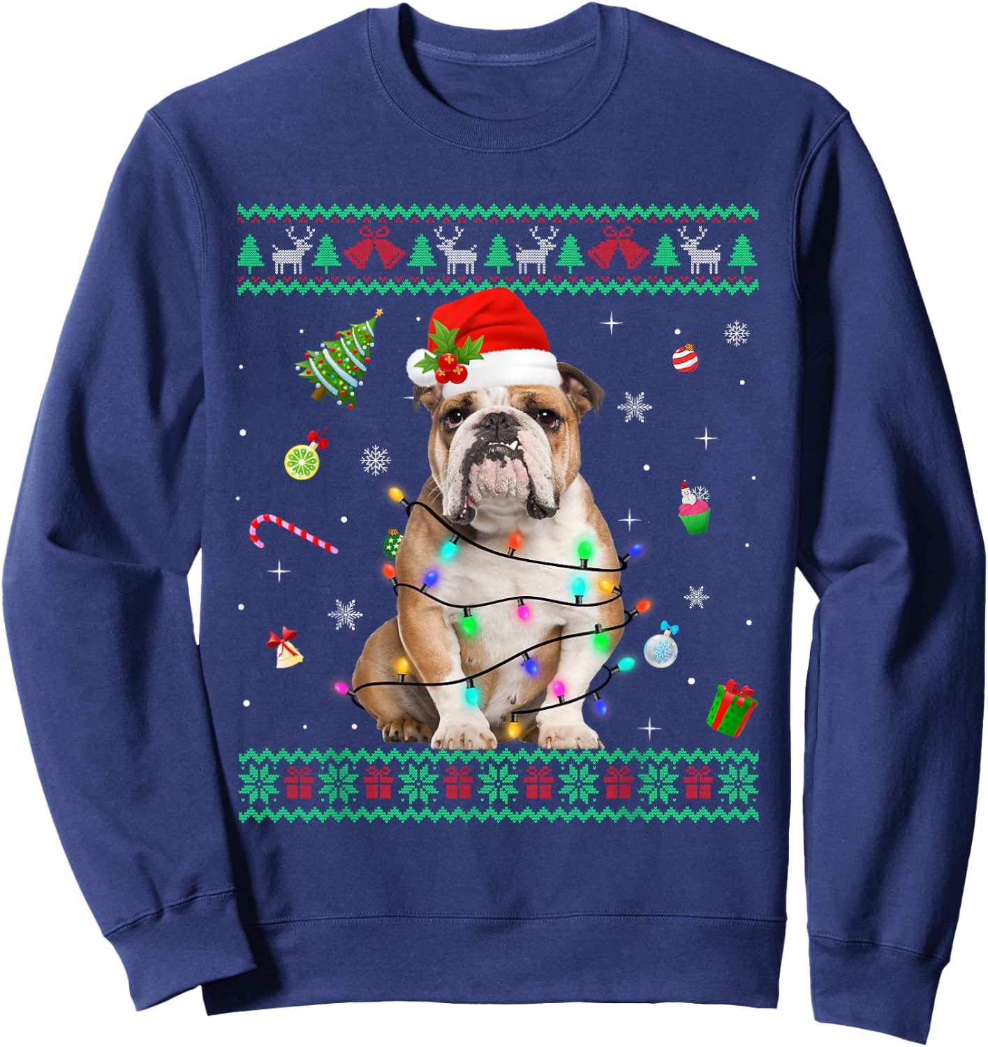 Ugly Sweater English Bulldog Dog Christmas Lights Santa Hat Women Kids Sweatshirt - Sweatshirt | Navy
