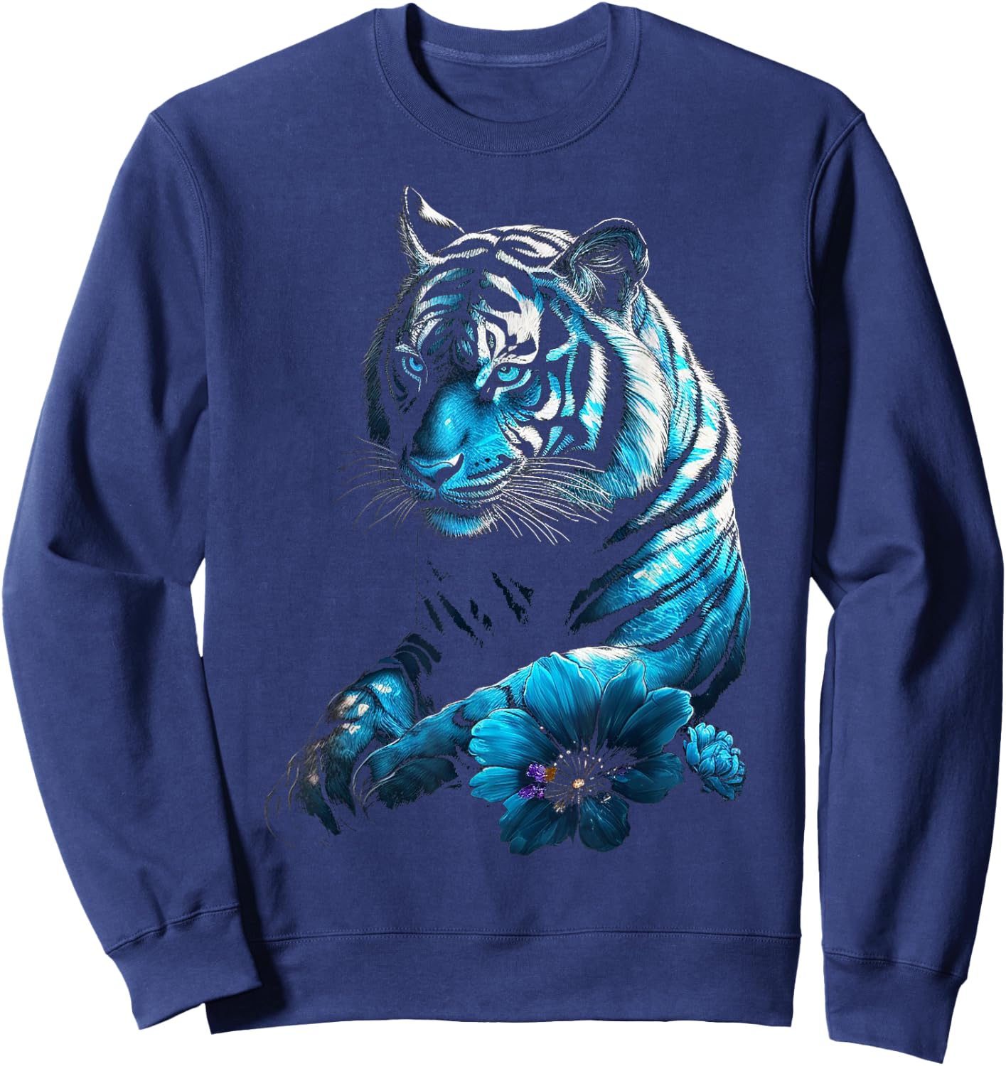 Tiger Lover Artwork | Flower Animal Motif Tiger Sweatshirt - Sweatshirt | Navy