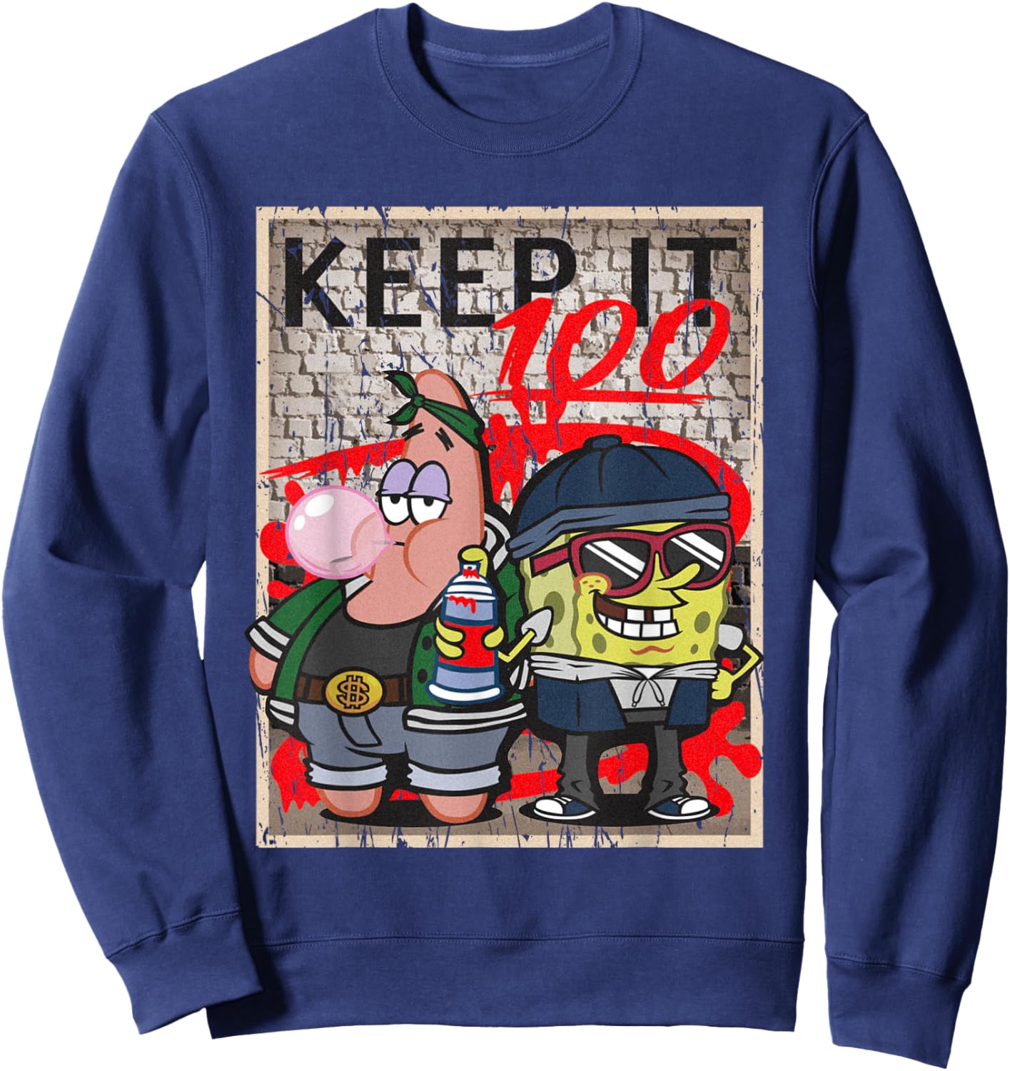 Mademark x SpongeBob SquarePants - SpongeBob and Patrick Keep it 100 Hip Hop Rap Graffiti Cool Sweatshirt - Sweatshirt | Navy